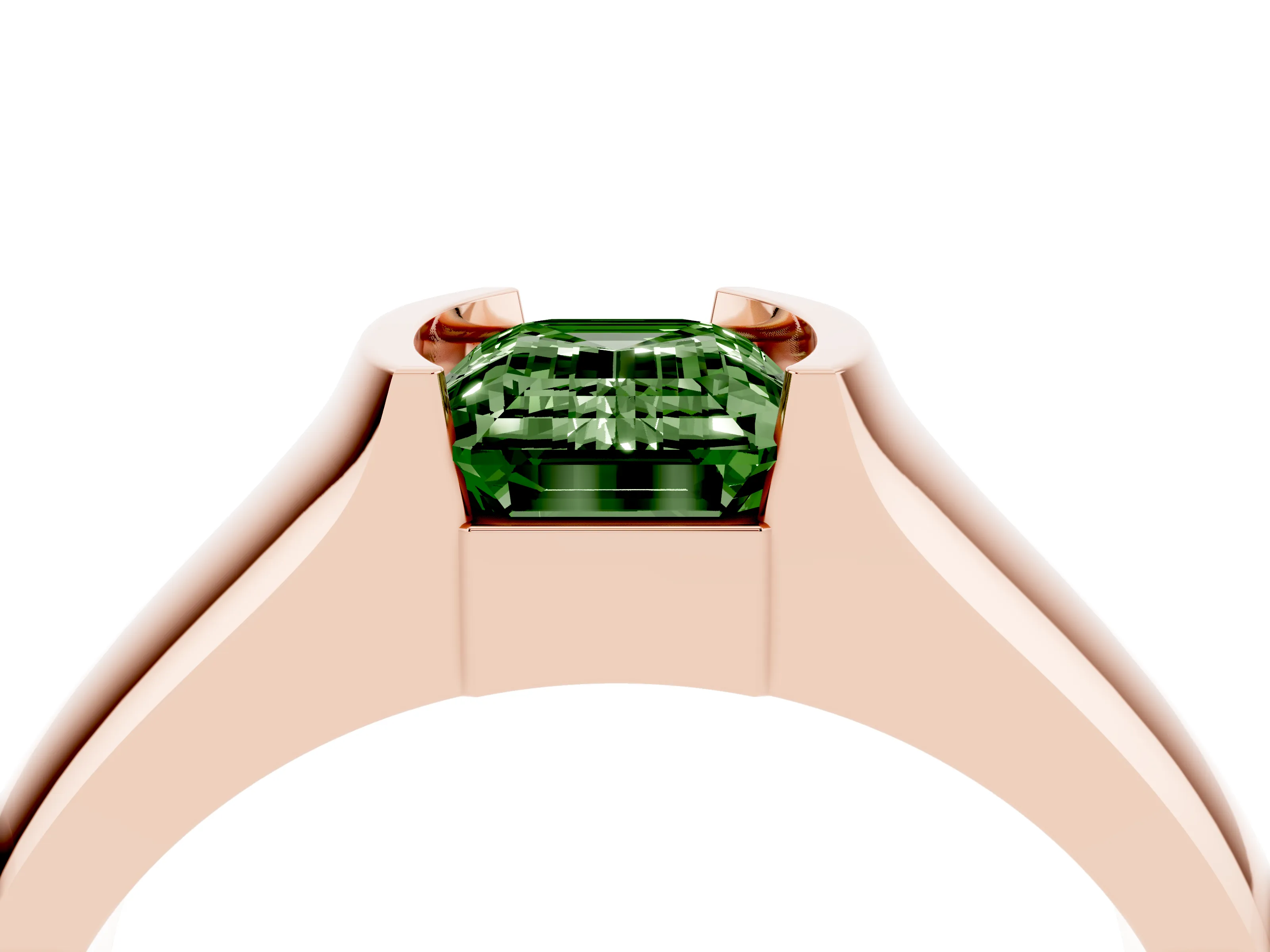 Fancy Green Emerald Cut Diamond Bezel Solitaire Ring Set in Rose gold with Wide Band