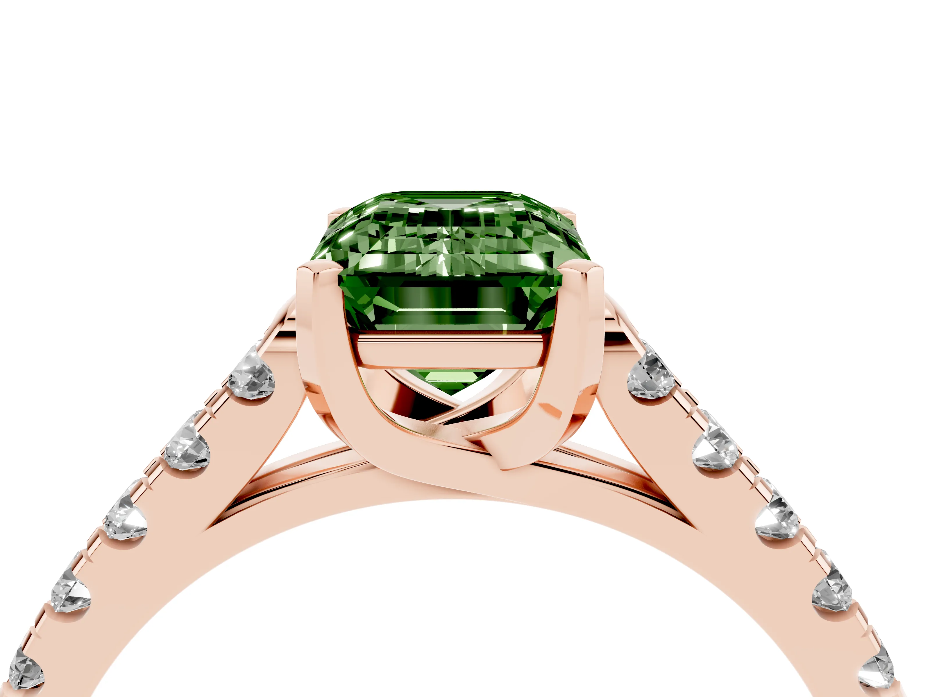 Fancy Green Emerald Cut Diamond Pavé Band Solitaire Ring Set in Rose gold with Partway Accent Stones and Prong Setting