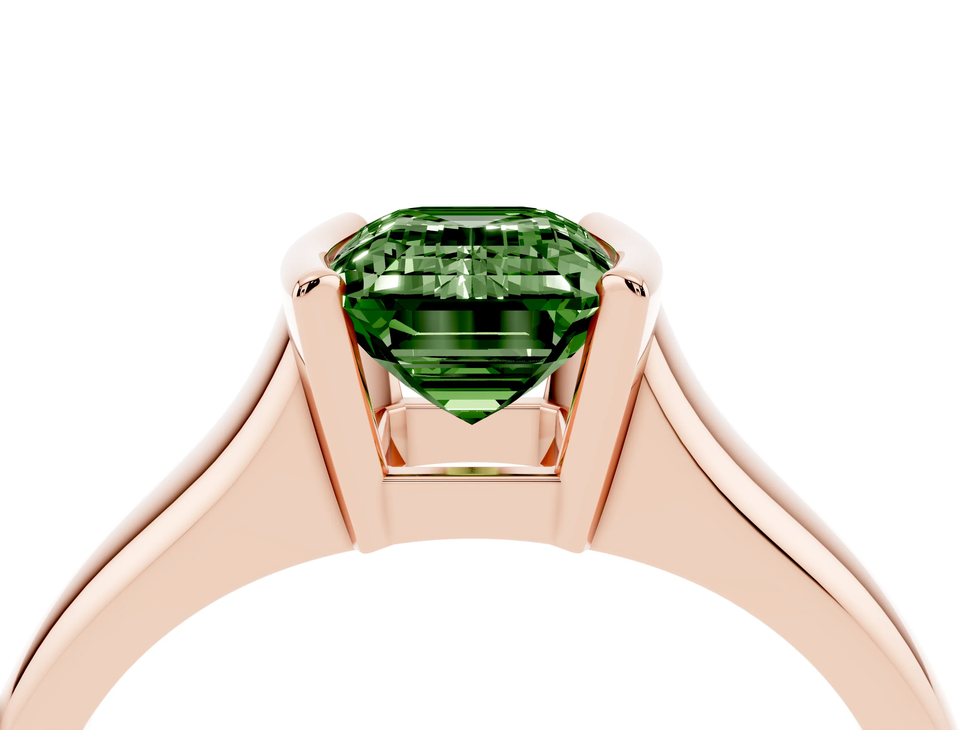 Fancy Green Emerald Cut Diamond Solitaire Tension Set Ring Set in Rose gold with Split Shank Band