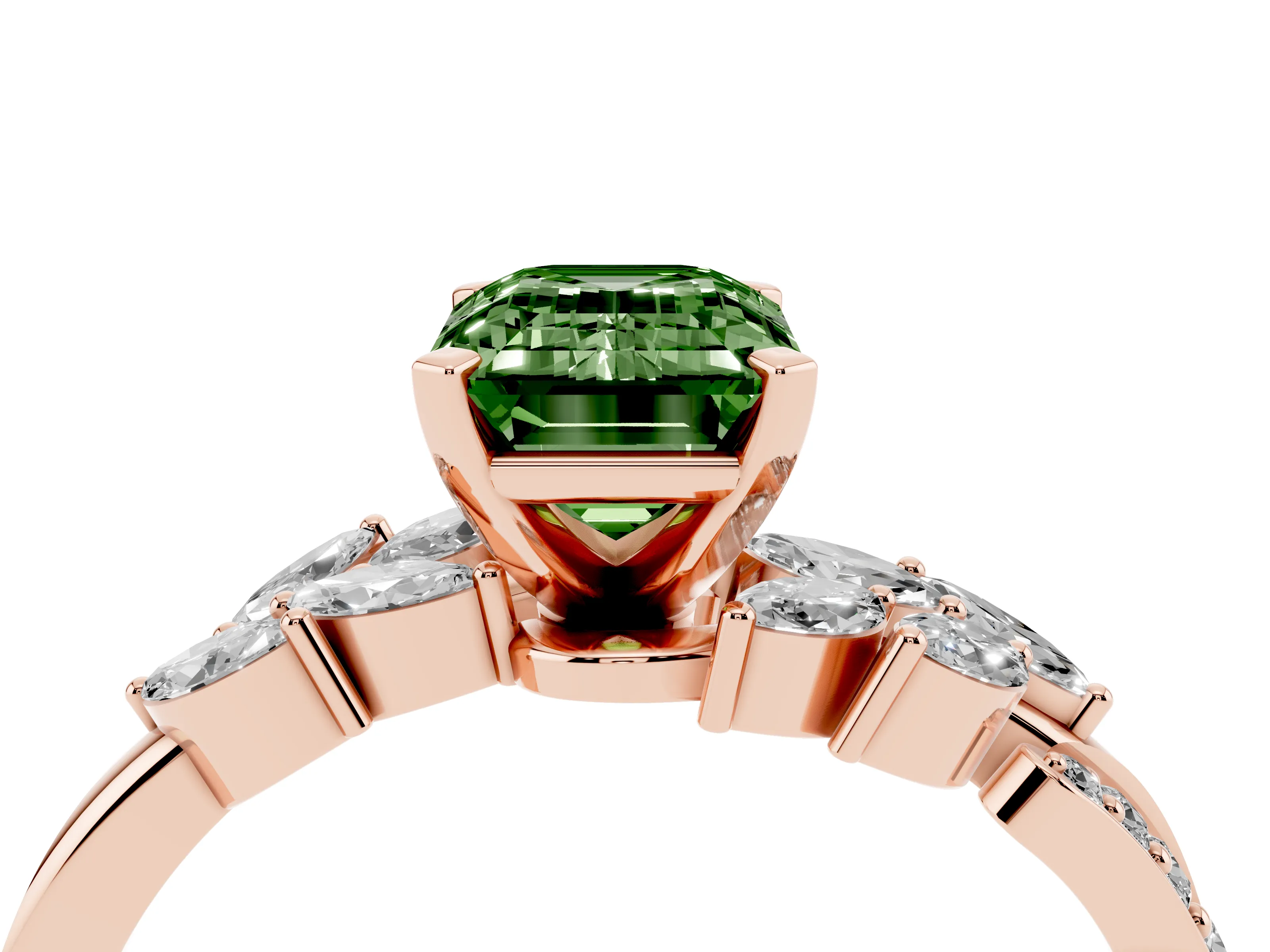 Fancy Green Emerald Cut Diamond Solitaire Ring Set in Rose gold with Marquise Twist Band and Prong Setting