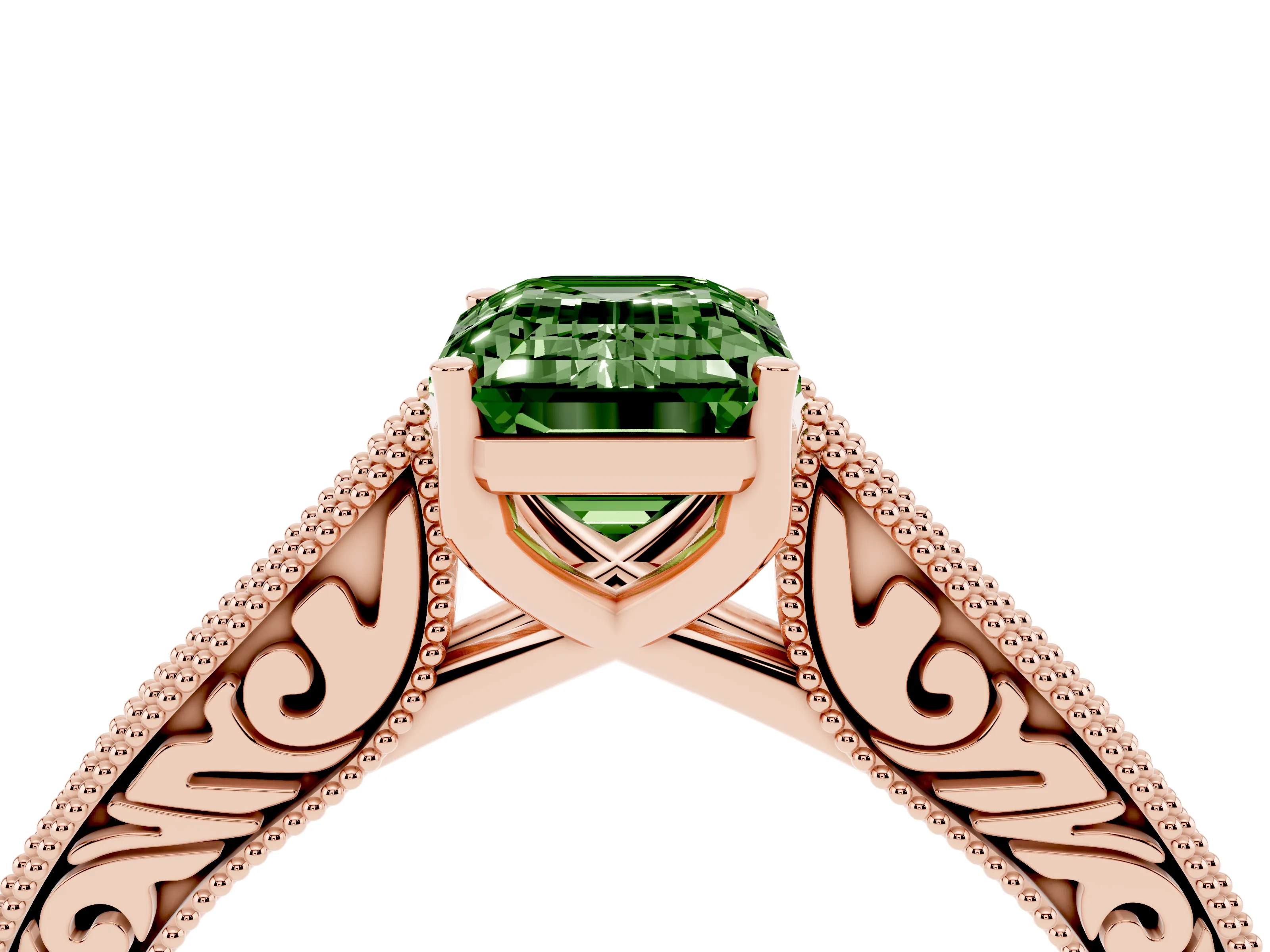 Fancy Green Emerald Cut Diamond Milgrain Pavé Band Solitaire Ring Set in Rose gold with Prong Setting