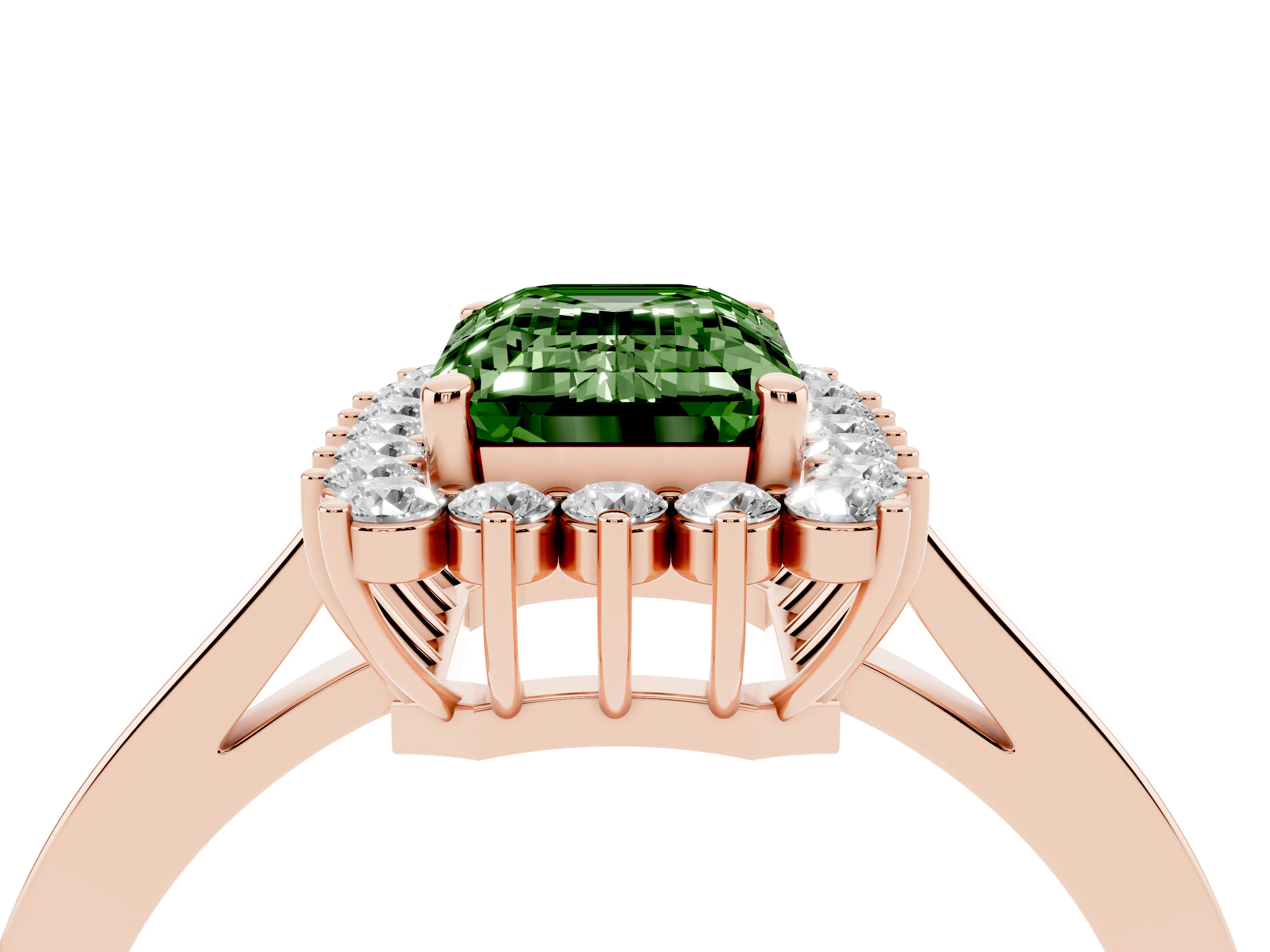 Fancy Green Emerald Cut Diamond Halo Ring Set in Rose gold with Round Halo and Smooth Solitaire Band