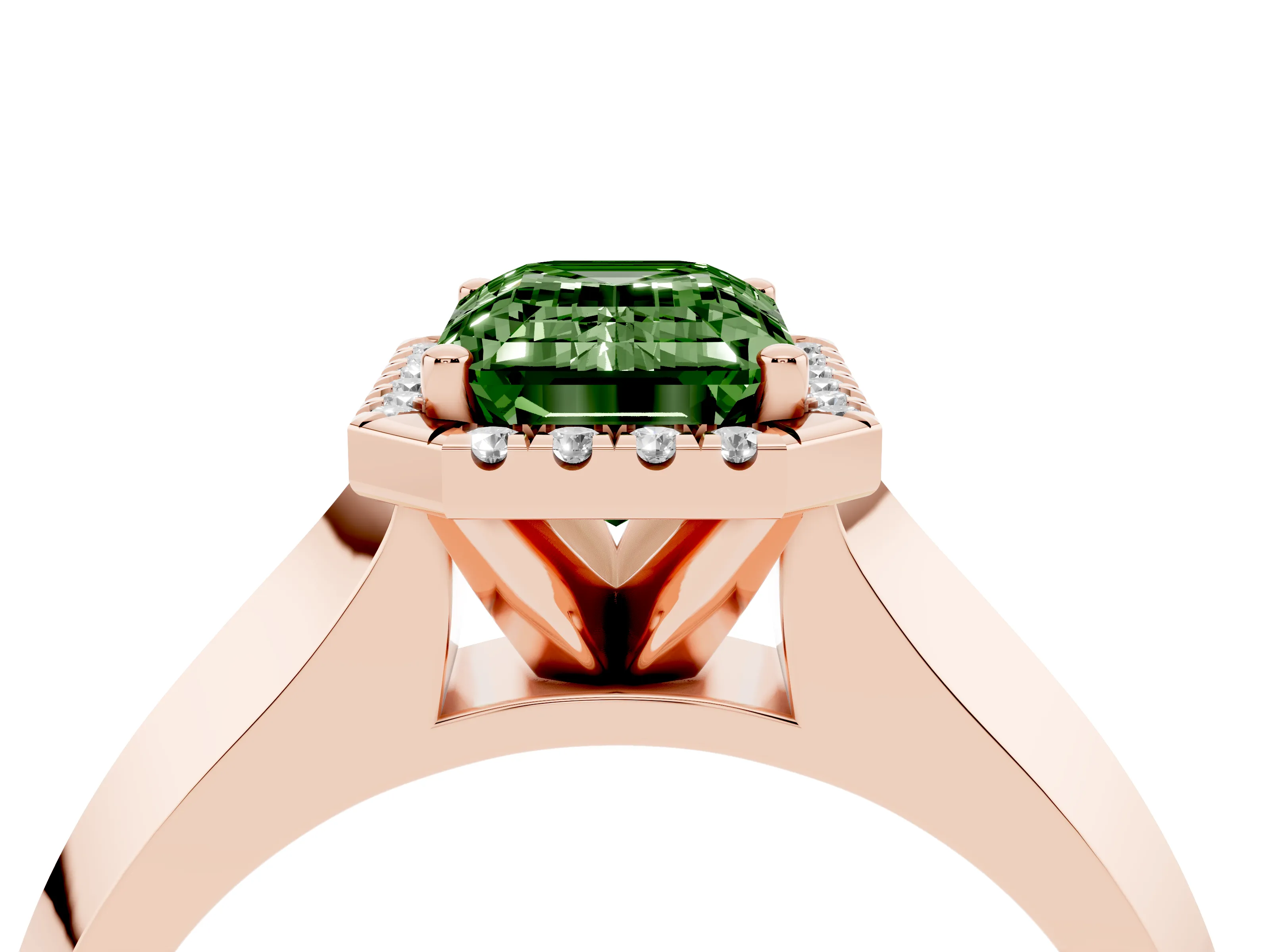 Fancy Green Emerald Cut Diamond Halo Ring Set in Rose gold with Cathedral Band and Prong Setting