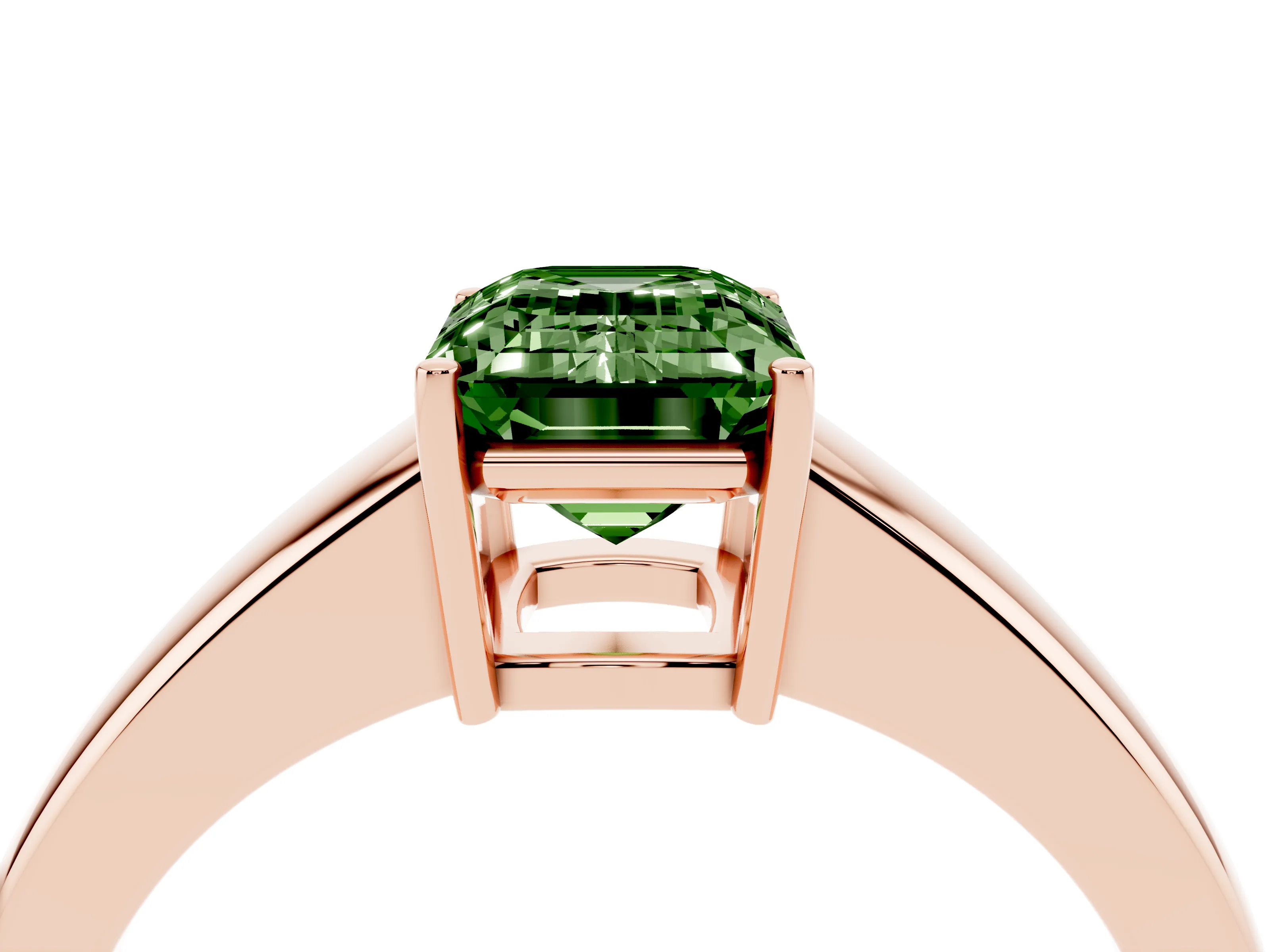 Fancy Green Emerald Cut Diamond Solitaire Ring Set in Rose gold with Tapered Band and Prong Setting