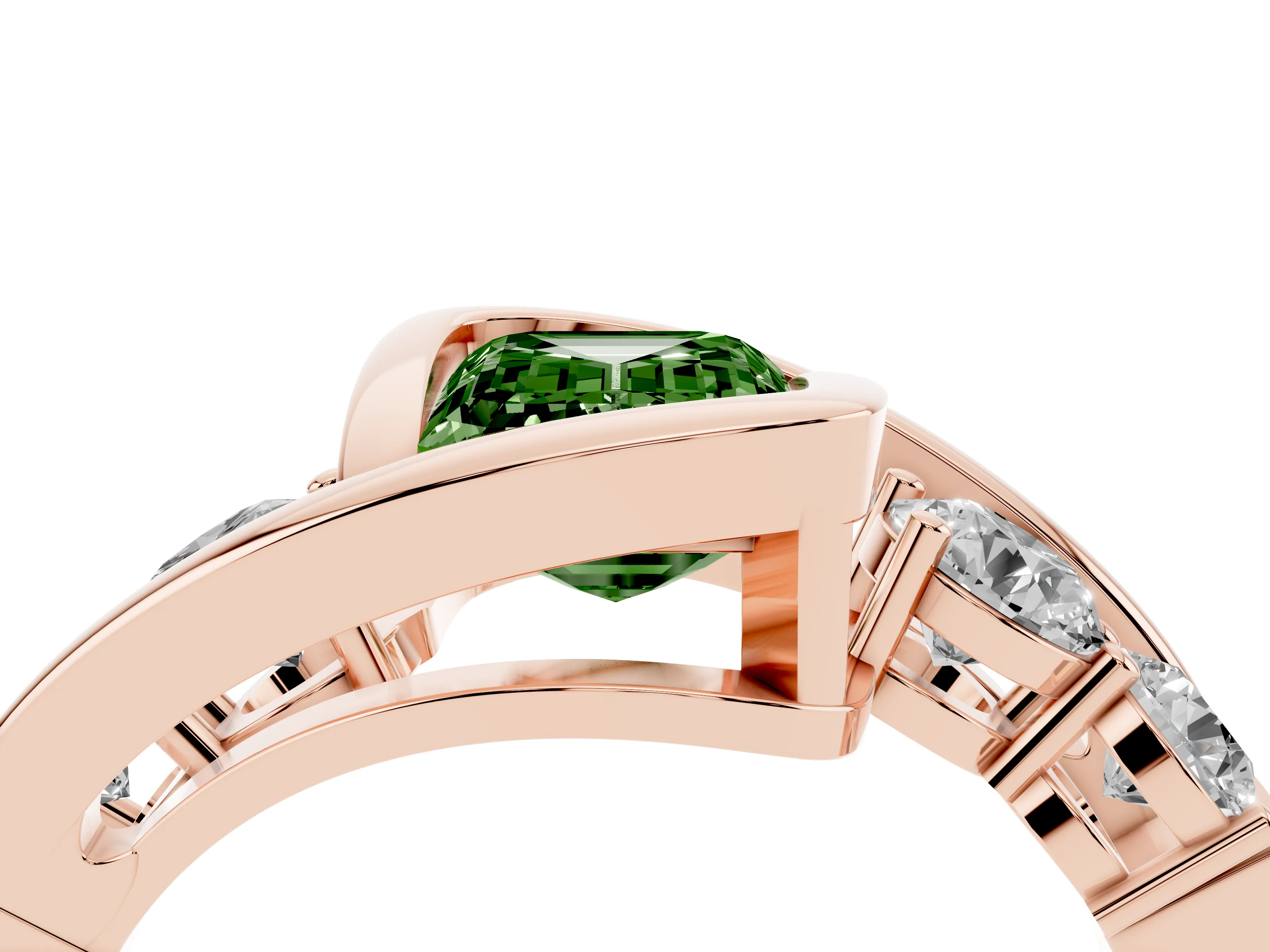 Fancy Green Emerald Cut Diamond Bezel Bypass Ring Set in Rose gold with Round Accents