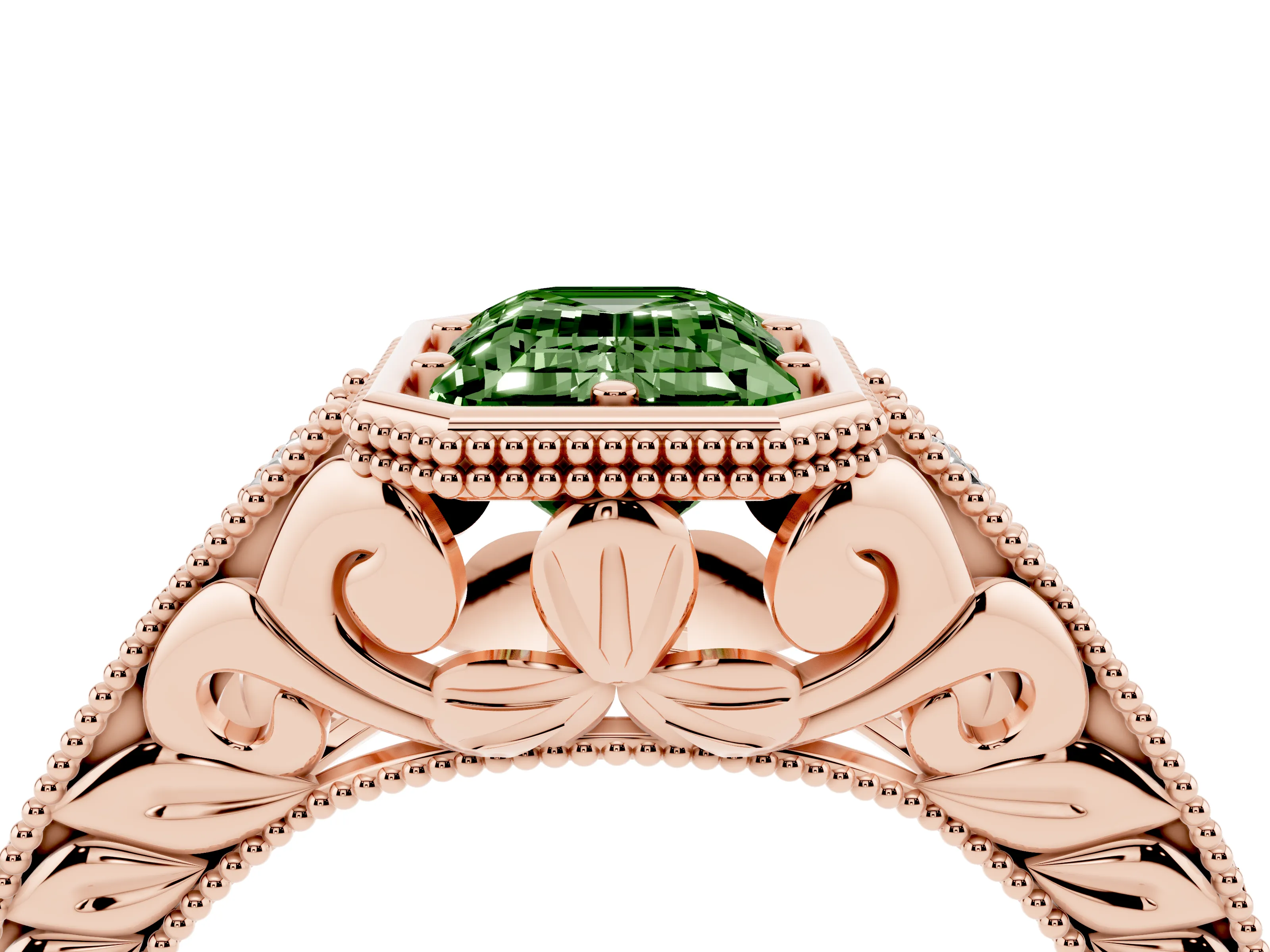 Fancy Green Bezel Set Emerald Cut Diamond Milgrain Pavé Engagement Ring Set in Rose gold