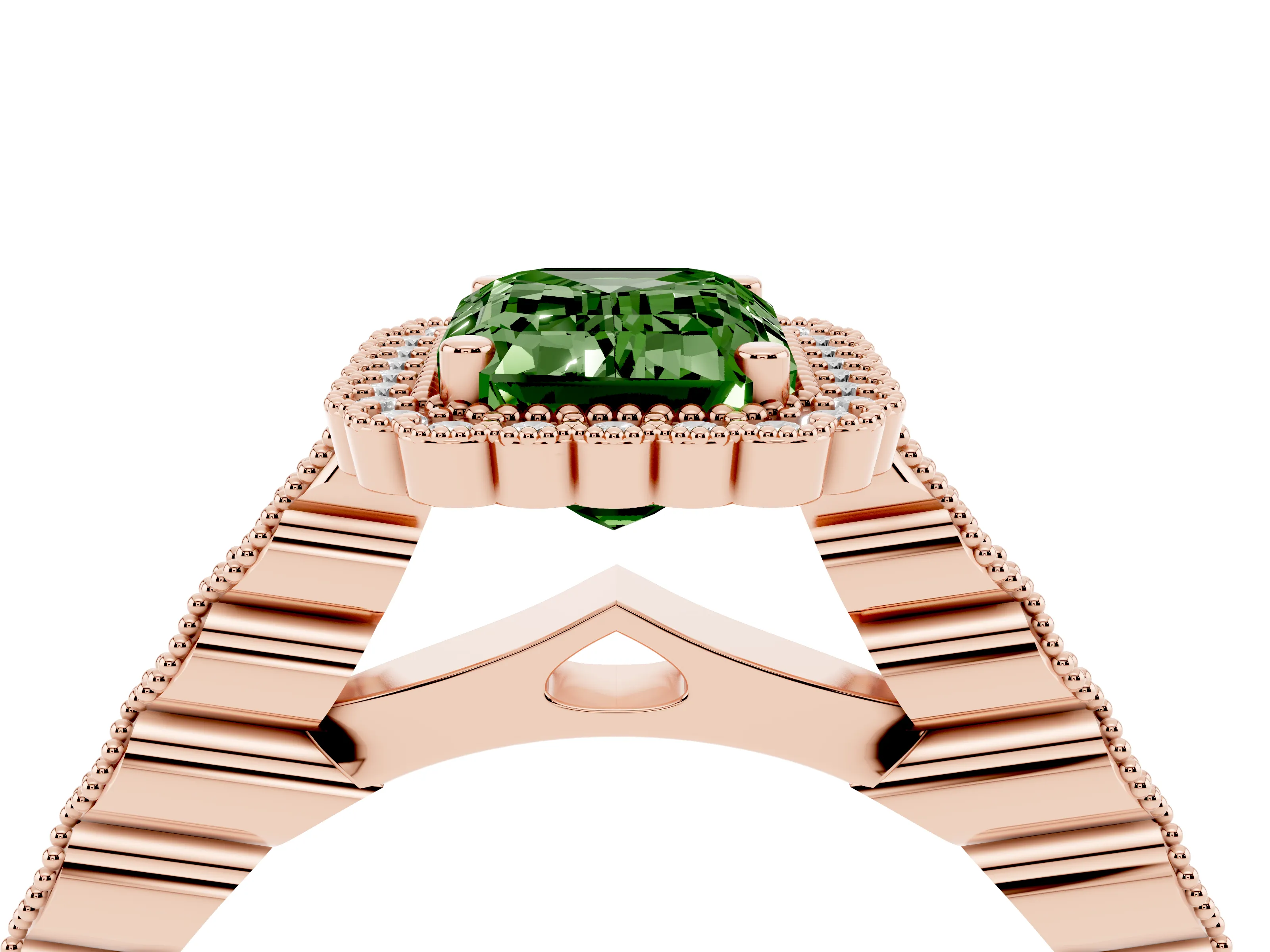 Fancy Green Emerald Cut Diamond Halo Ring Set in Rose gold with Pavé Milgrain Band