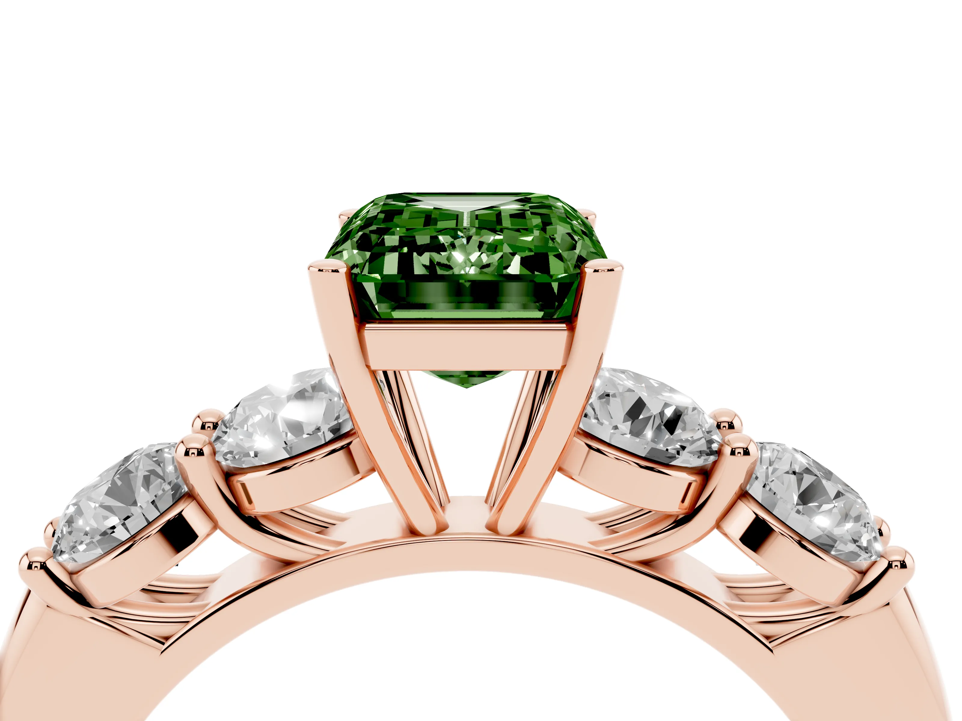 Fancy Green Emerald Cut Diamond Five-Stone Prong Set Ring Set in Rose gold with Classic Band