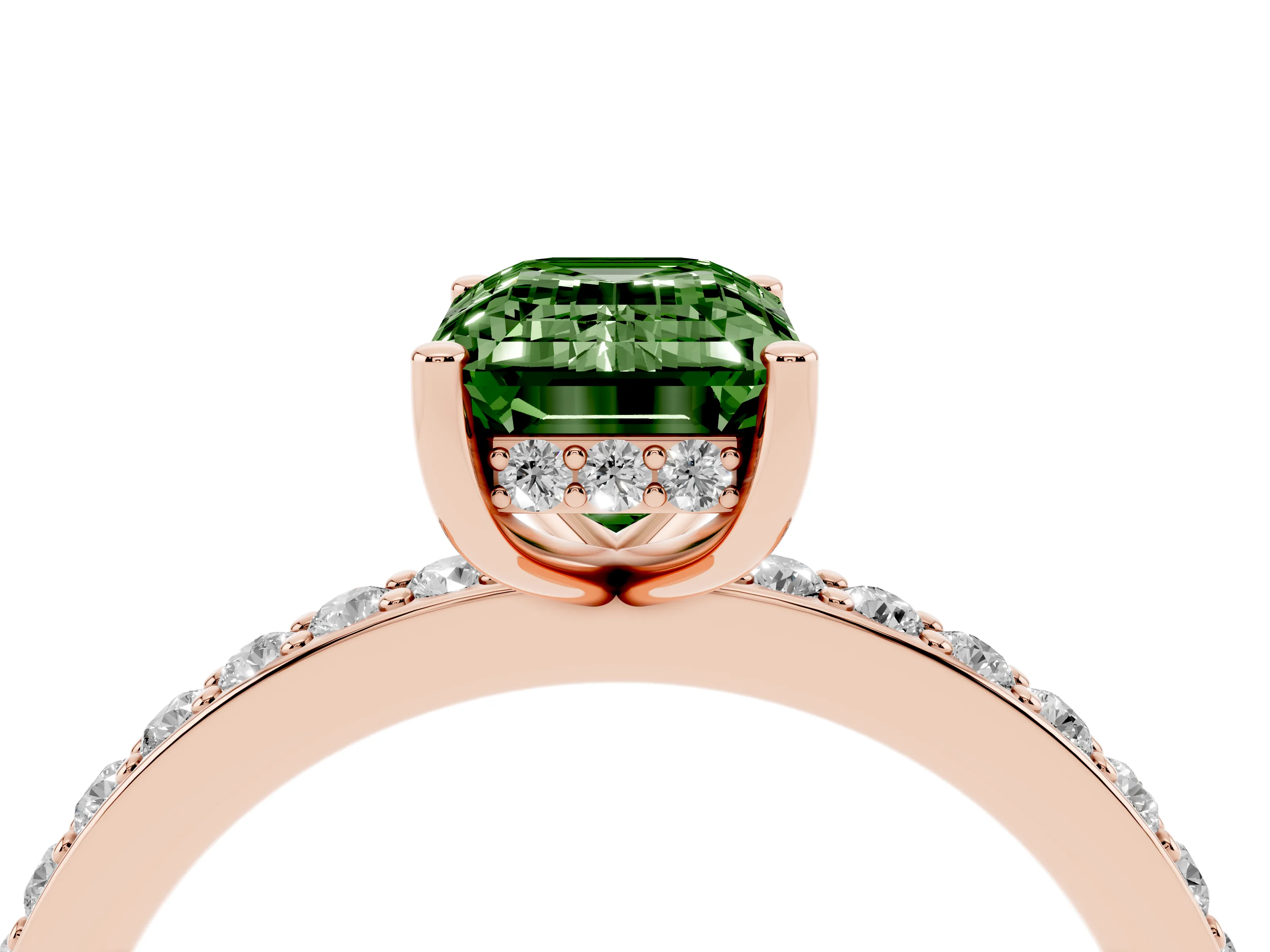 Fancy Green Emerald Cut Diamond Pavé Band Ring Set in Rose gold with Prong-Set Center Stone