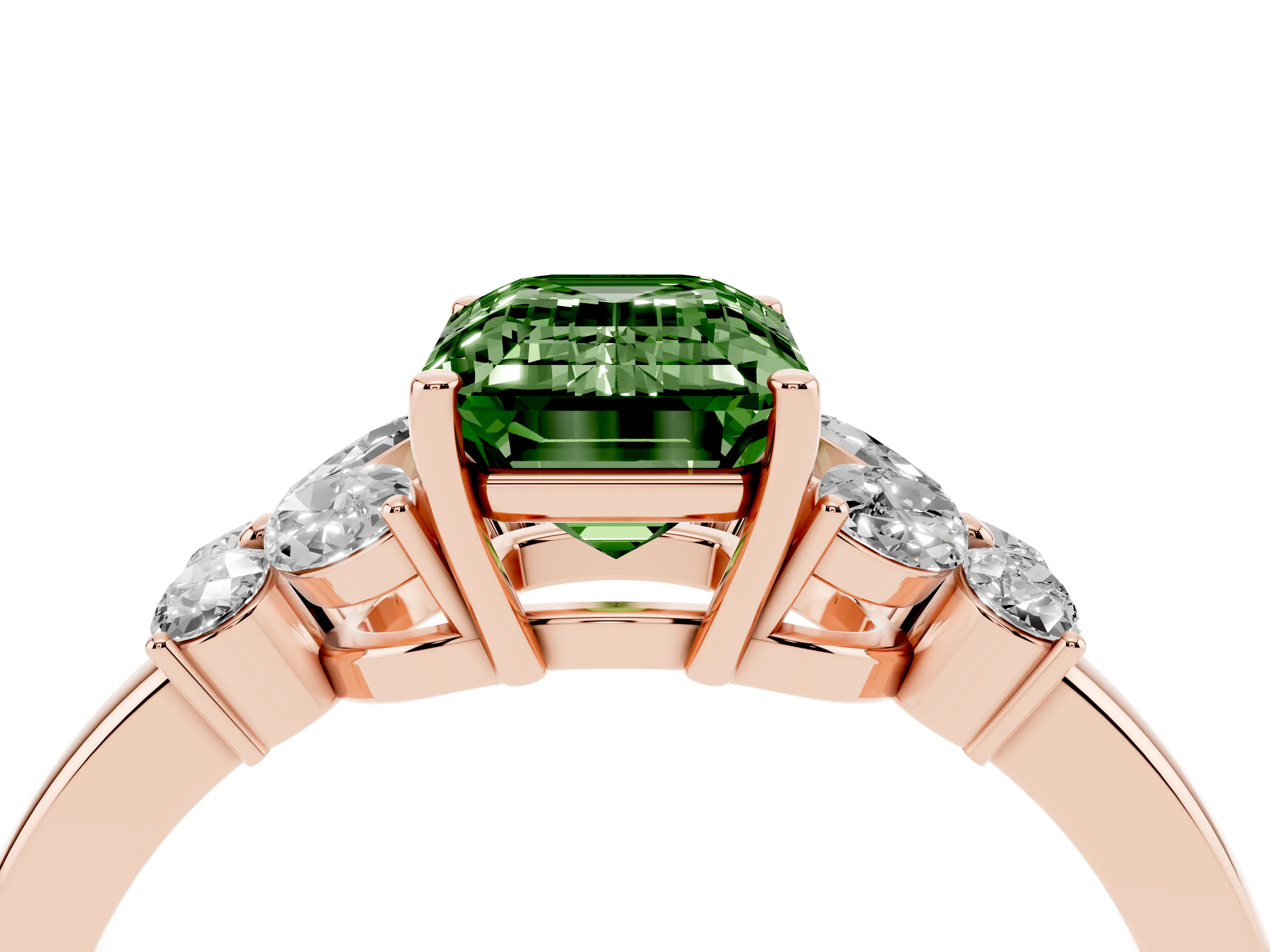 Fancy Green Emerald Cut Diamond Solitaire Floral Ring Set in Rose gold with Marquise Petals and Prong Setting