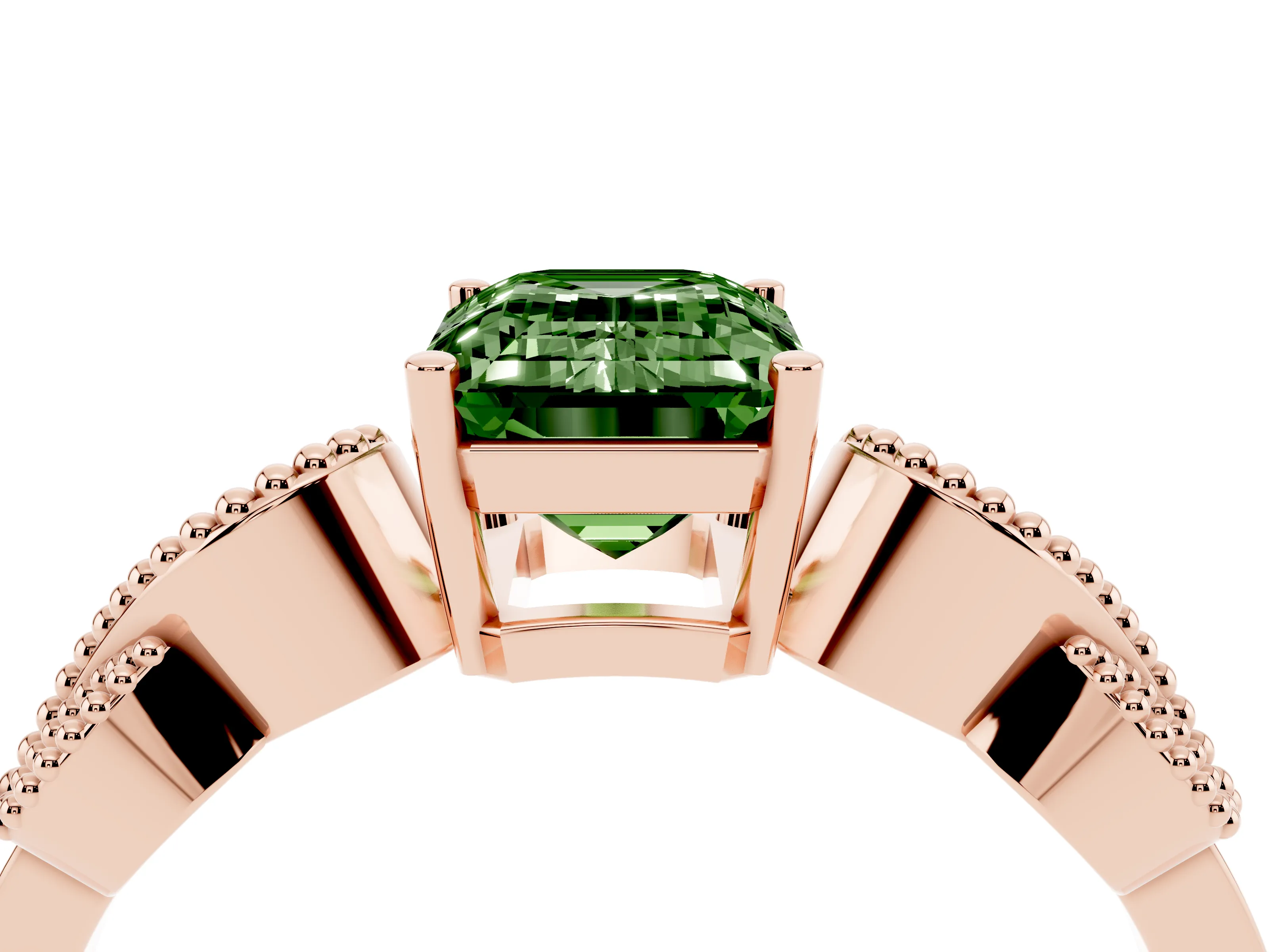 Fancy Green Emerald Cut Diamond Milgrain Leaf Band Solitaire Ring Set in Rose gold with Accent Stones and Prong Setting