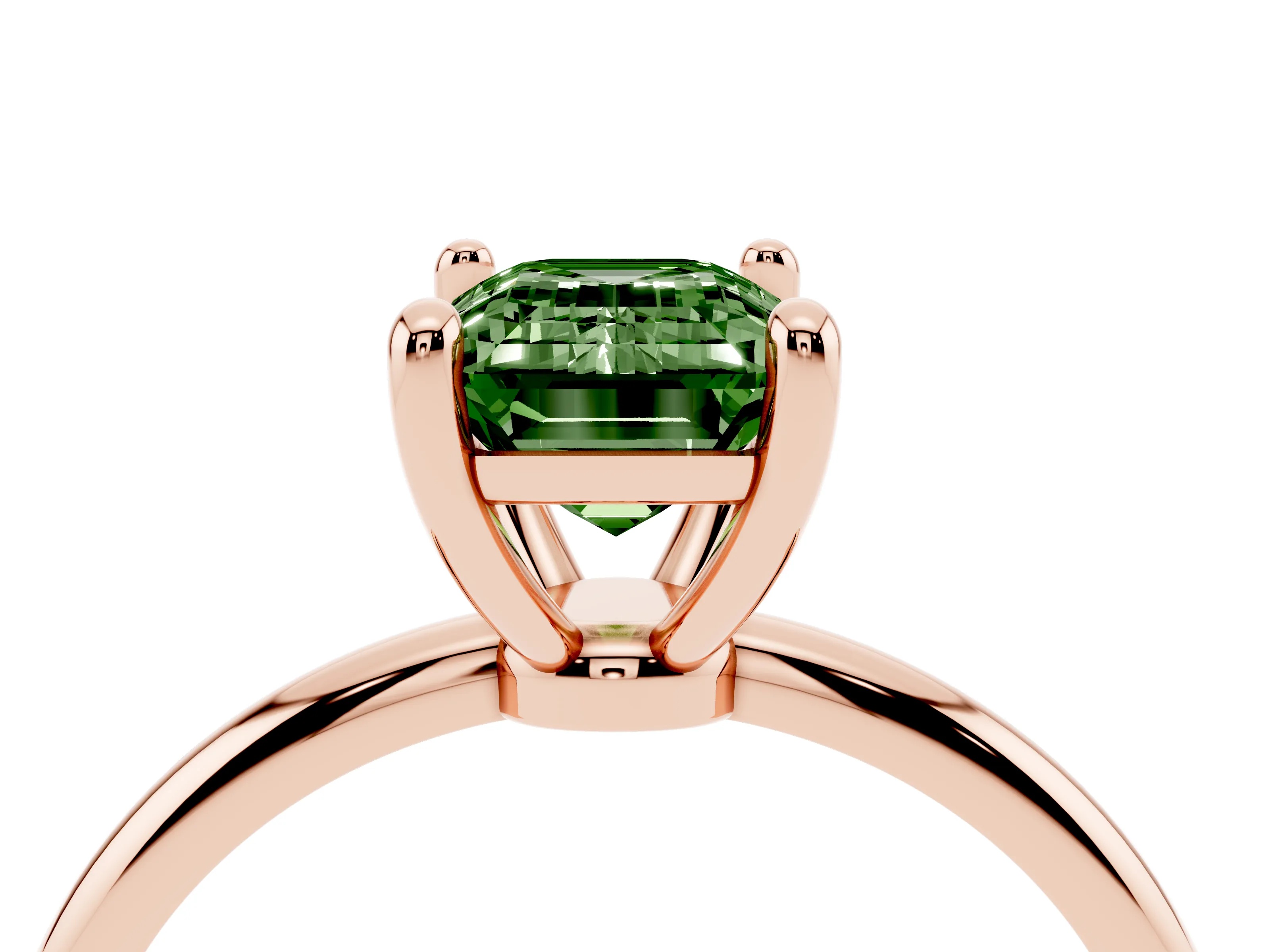Fancy Green Emerald Cut Diamond Solitaire Ring Set in Rose gold with Secure Prong Setting on a Classic Band
