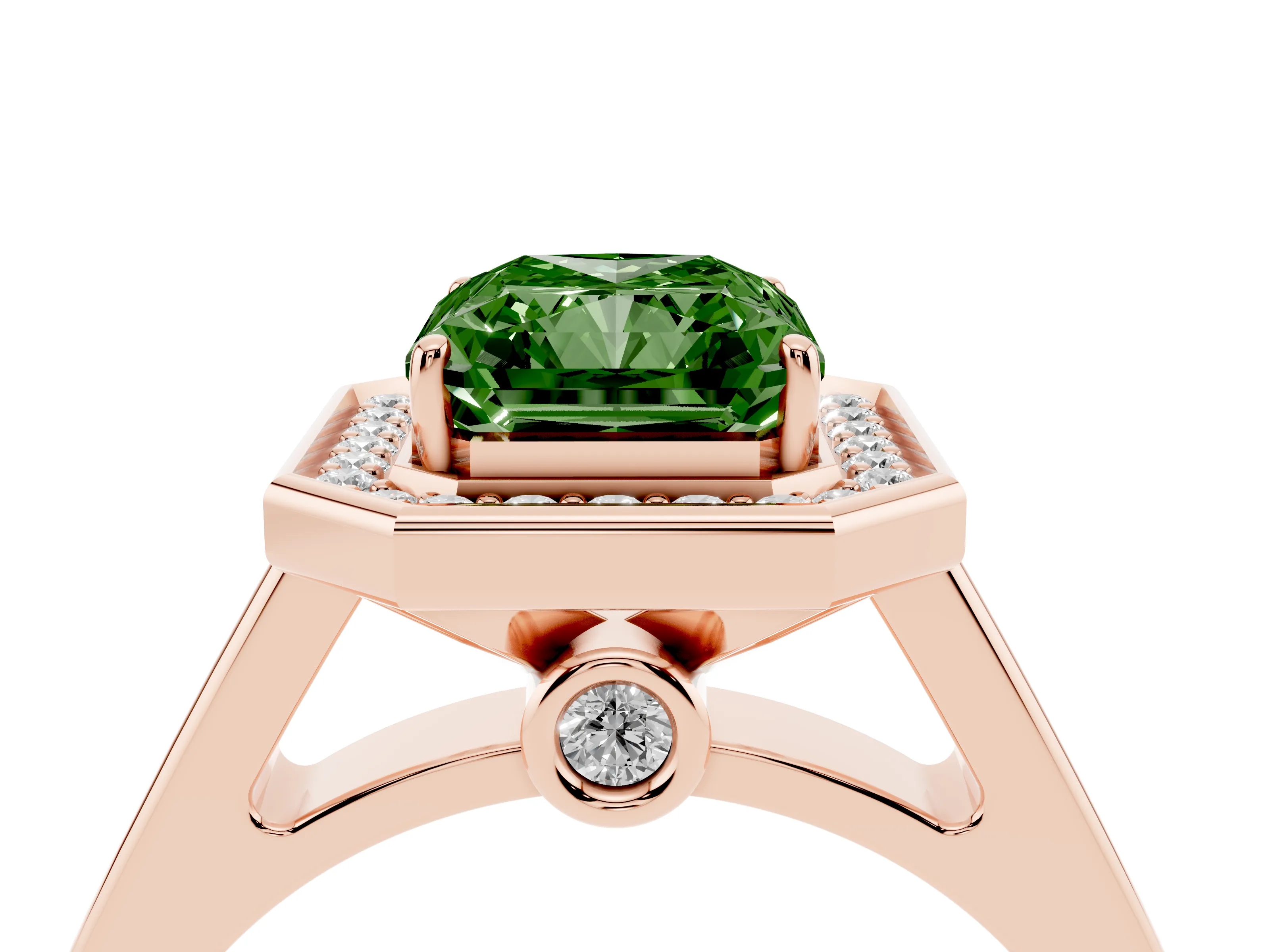 Fancy Green Emerald Cut Diamond Halo Solitaire Ring Set in Rose gold with Pavé Band and Bezel Setting