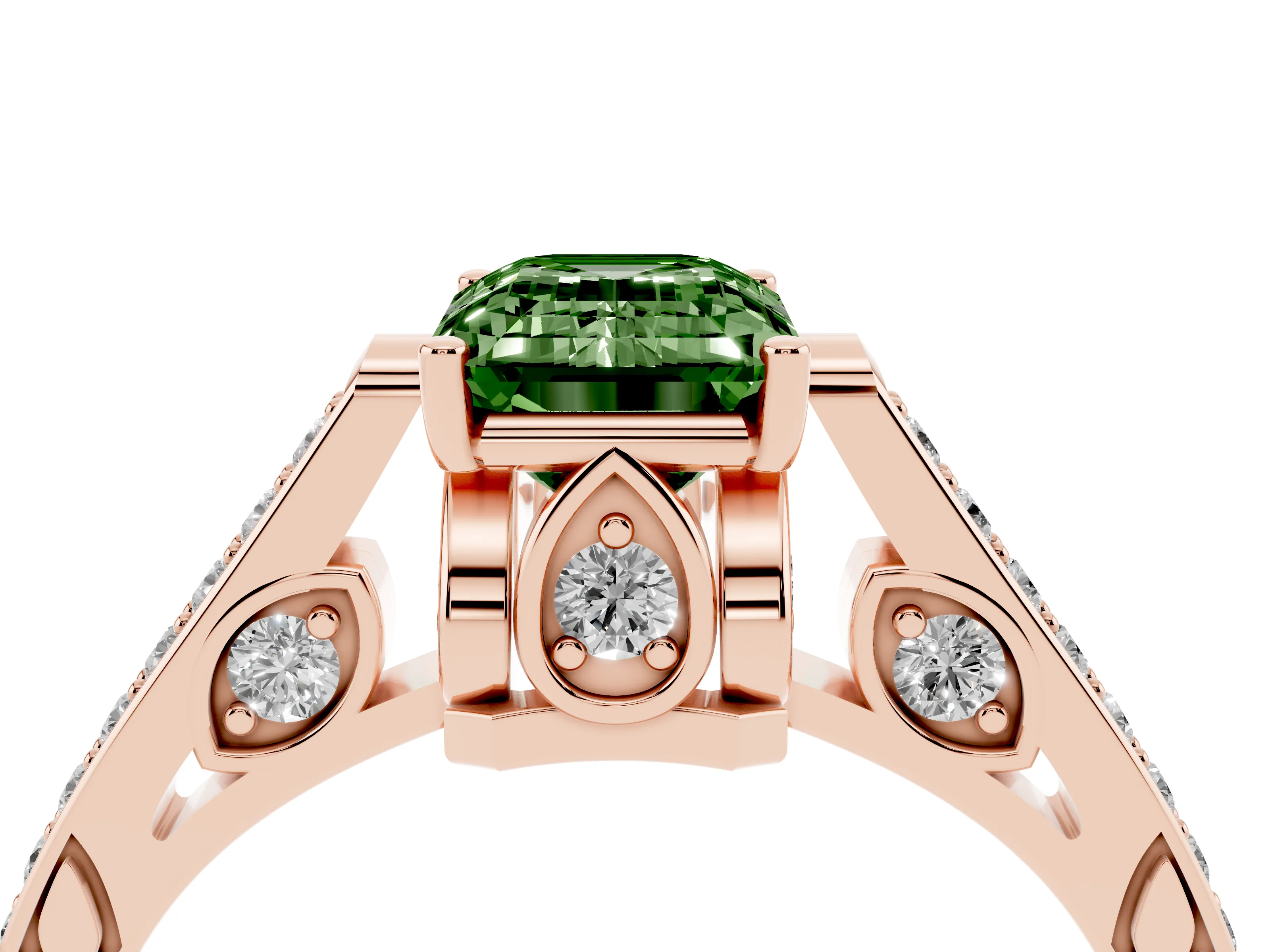 Fancy Green Emerald Cut Diamond Cathedral Pavé Engagement Ring Set in Rose gold with Prong Setting