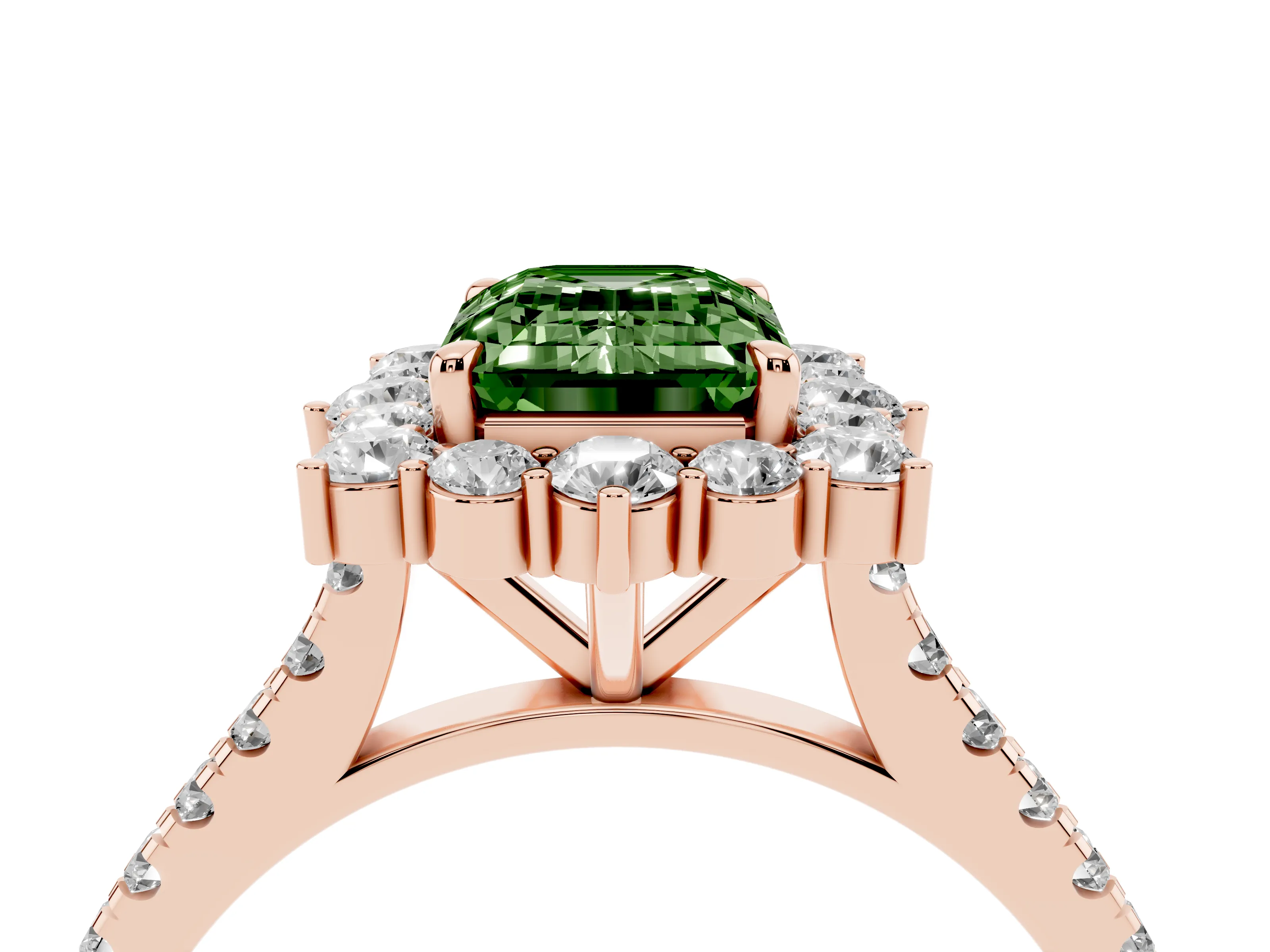 Fancy Green Emerald Cut Diamond Halo Ring Set in Rose gold with Pavé Band and Prong Setting