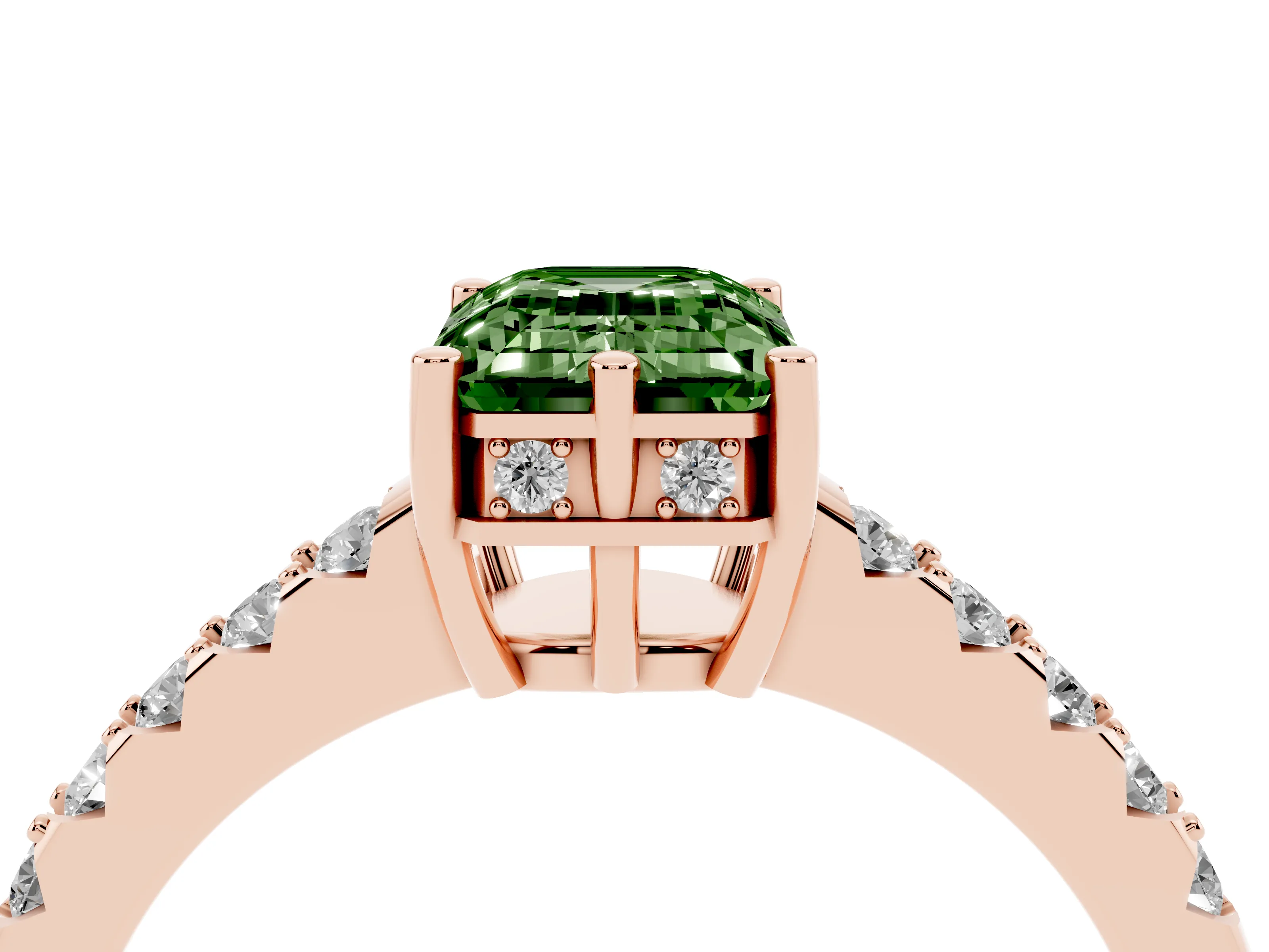 Fancy Green Emerald Cut Diamond Solitaire Engagement Ring Set in Rose gold with Pavé Band and Prong Setting
