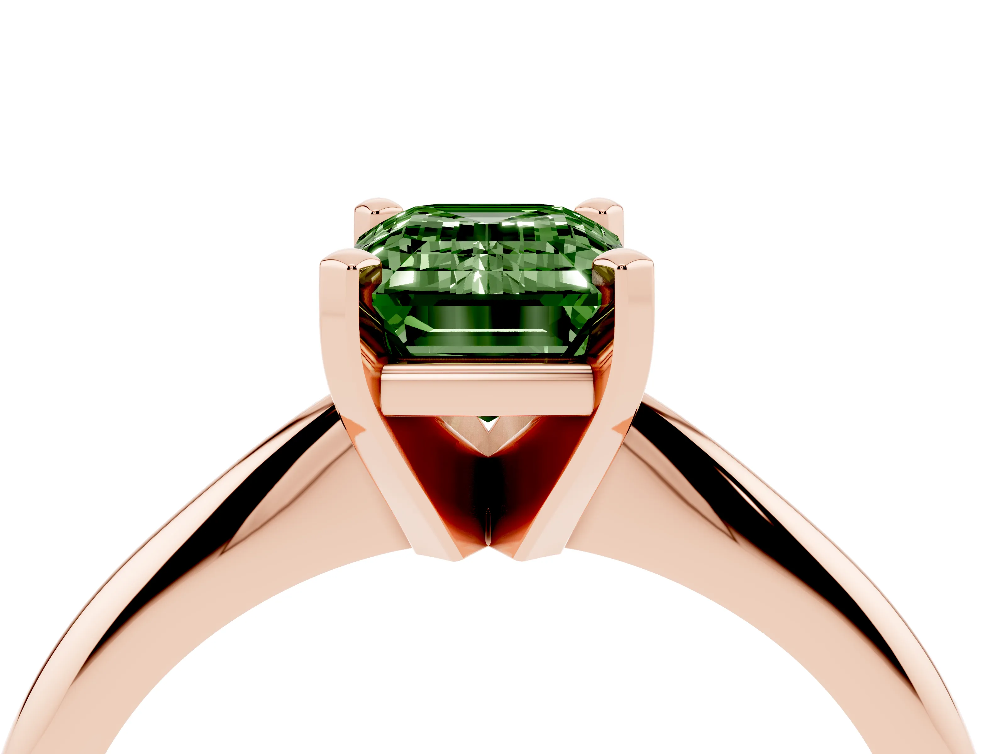 Fancy Green Emerald Cut Diamond Solitaire Ring Set in Rose gold with Prong Setting on a Plain Round Band