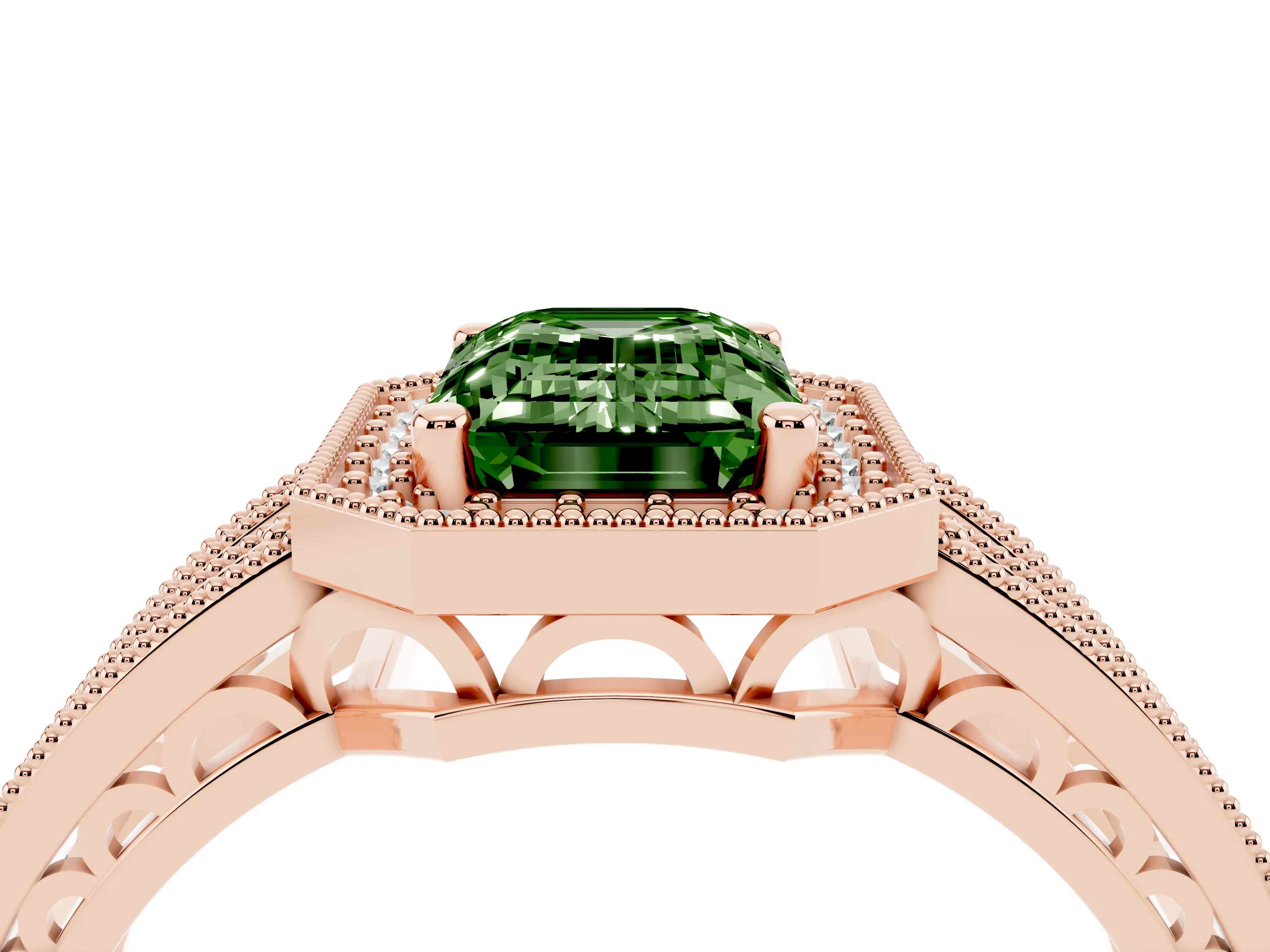 Fancy Green Emerald Cut Diamond Halo Ring Set in Rose gold with Accent Split Shank and Prong Setting