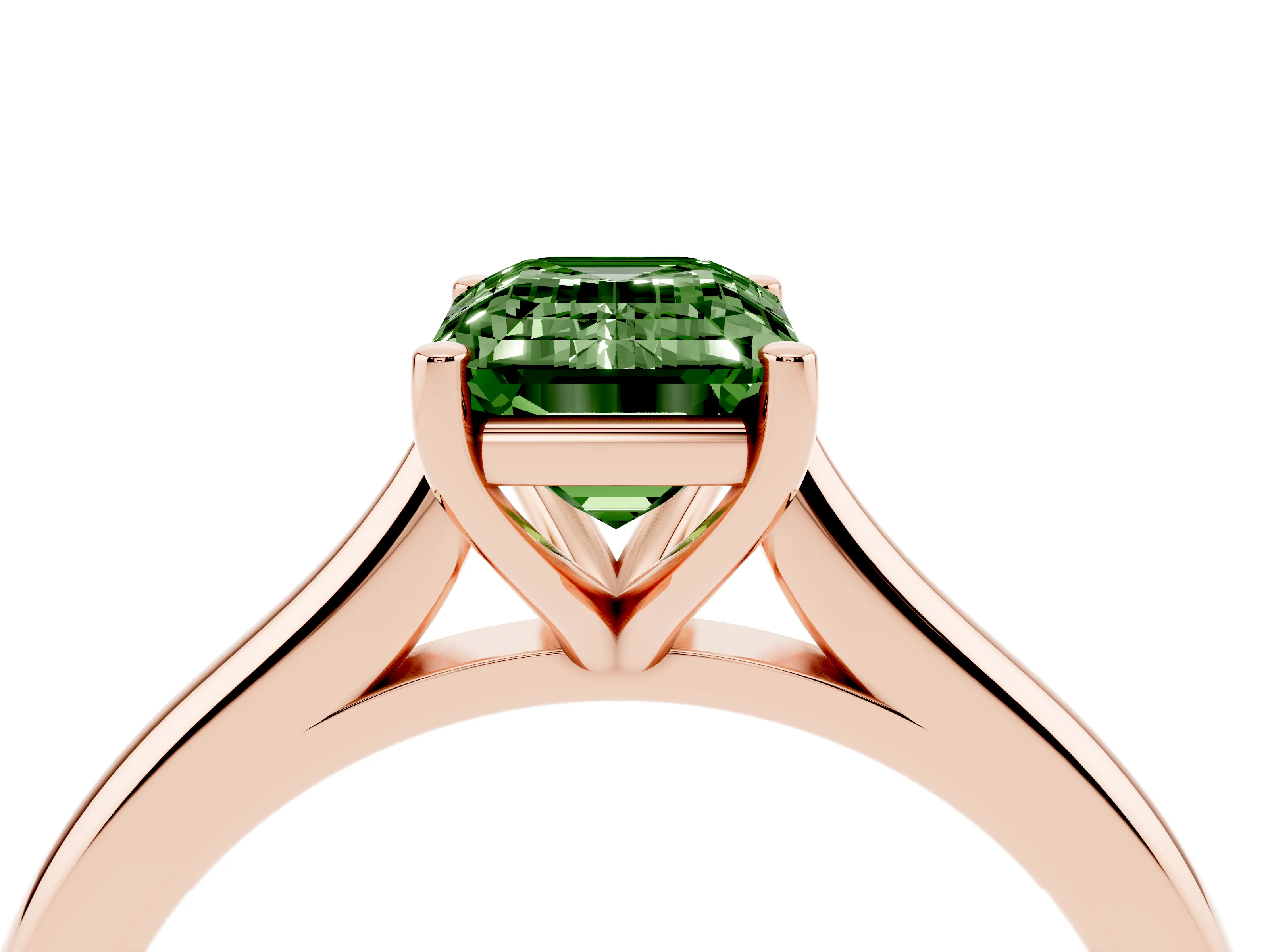 Fancy Green Emerald Cut Diamond Solitaire Ring Set in Rose gold with Cathedral Band and Prong Setting