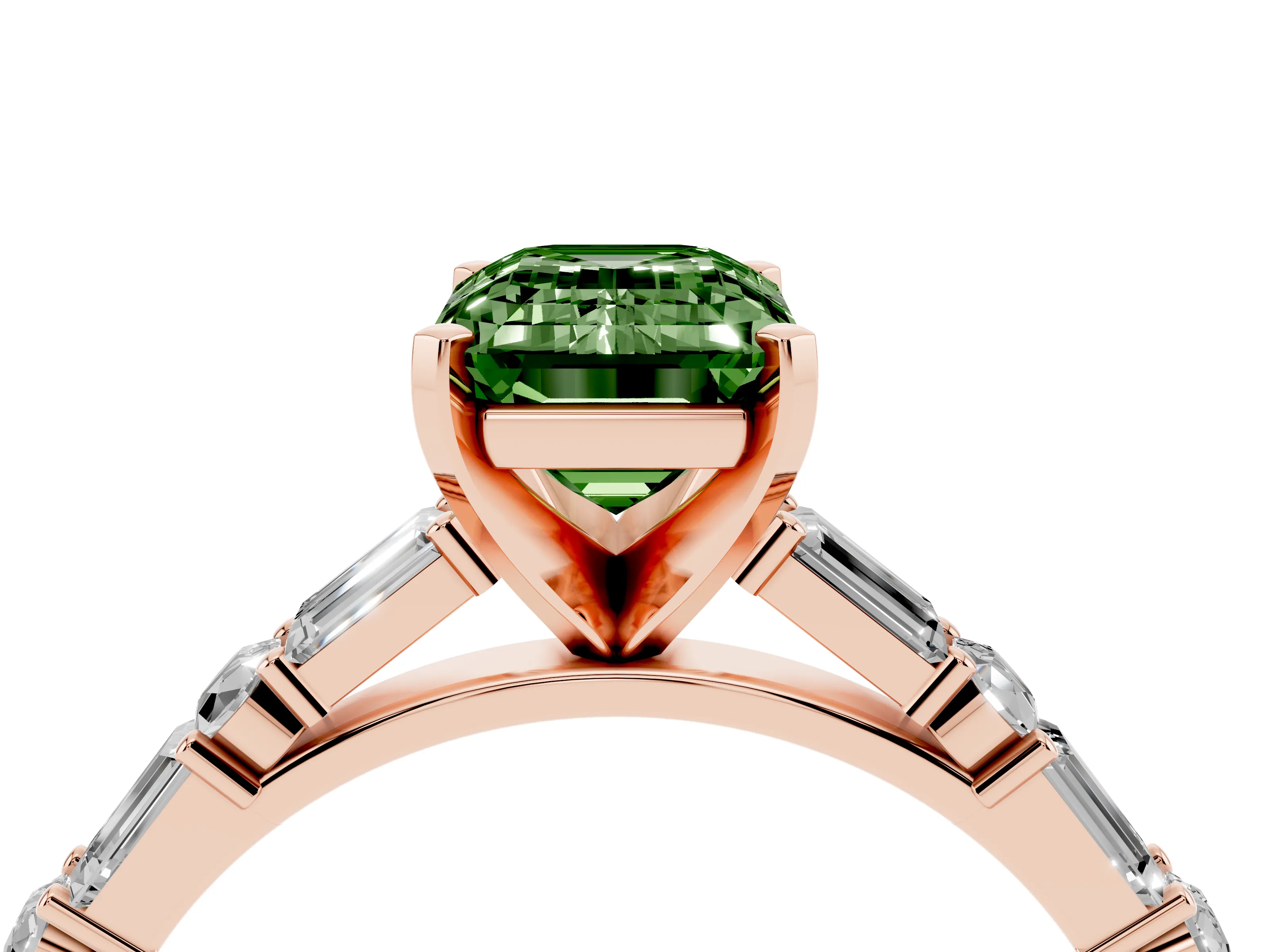 Fancy Green Emerald Cut Diamond Solitaire Set in Rose gold with Side Baguettes and Channel Set Band