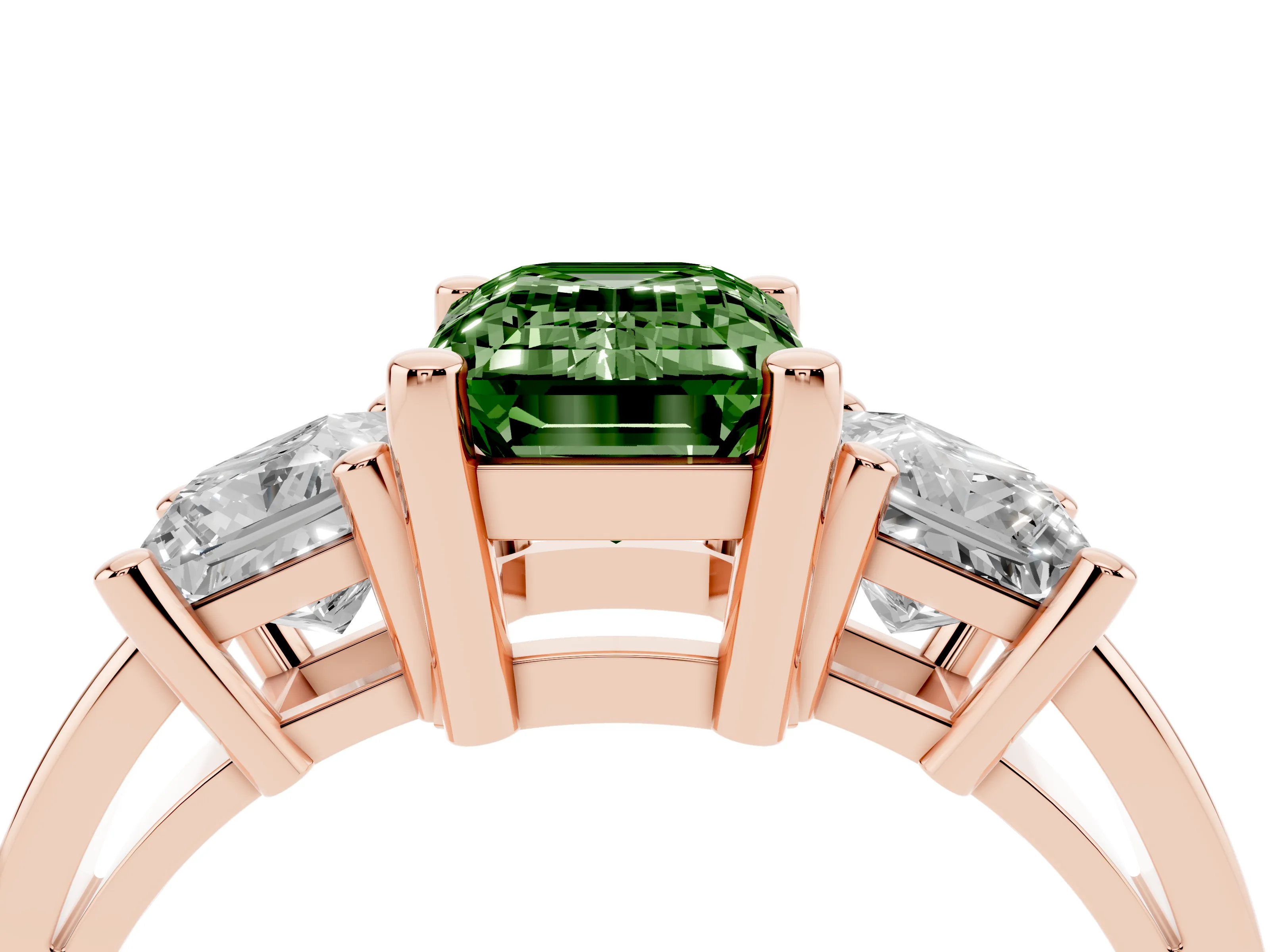 Fancy Green Three-Stone Emerald Cut Diamond Solitaire Ring Set in Rose gold with Prong Setting