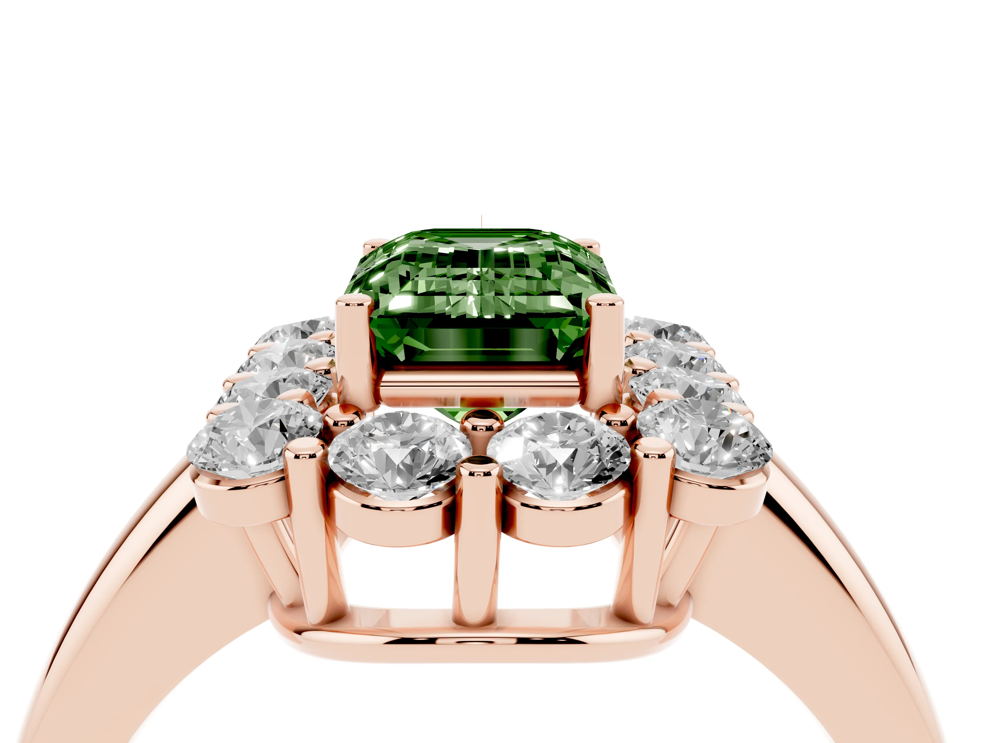 Fancy Green Emerald Cut Diamond Halo Cluster Engagement Ring Set in Rose gold with Polished Band and Prong Setting