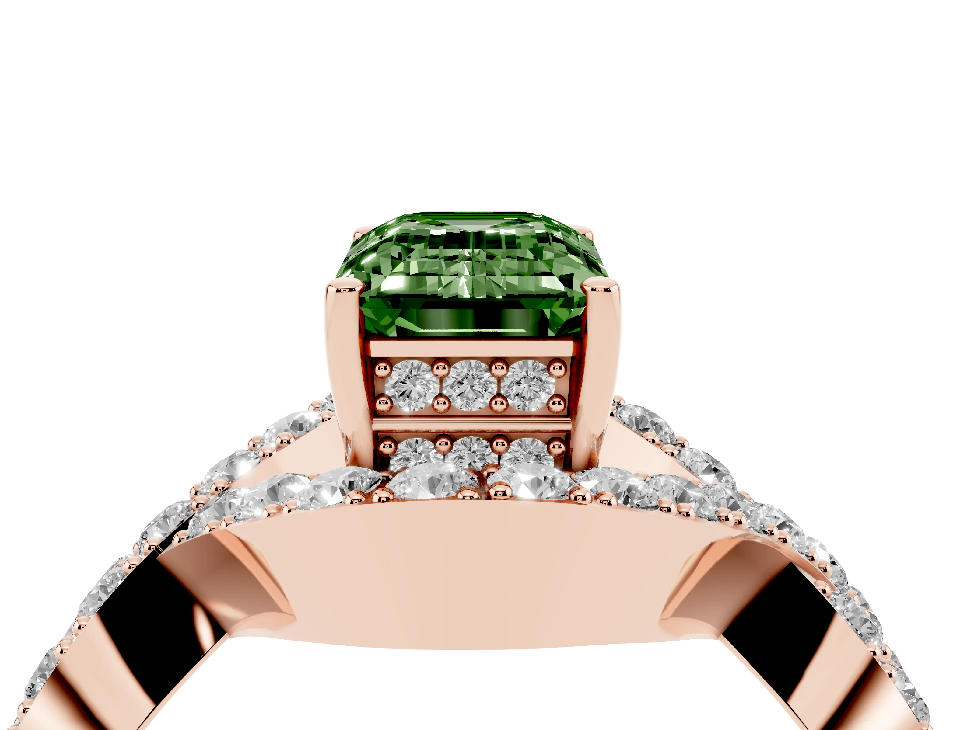 Fancy Green Emerald Cut Diamond Solitaire Twist Band Pavé Engagement Ring Set in Rose gold