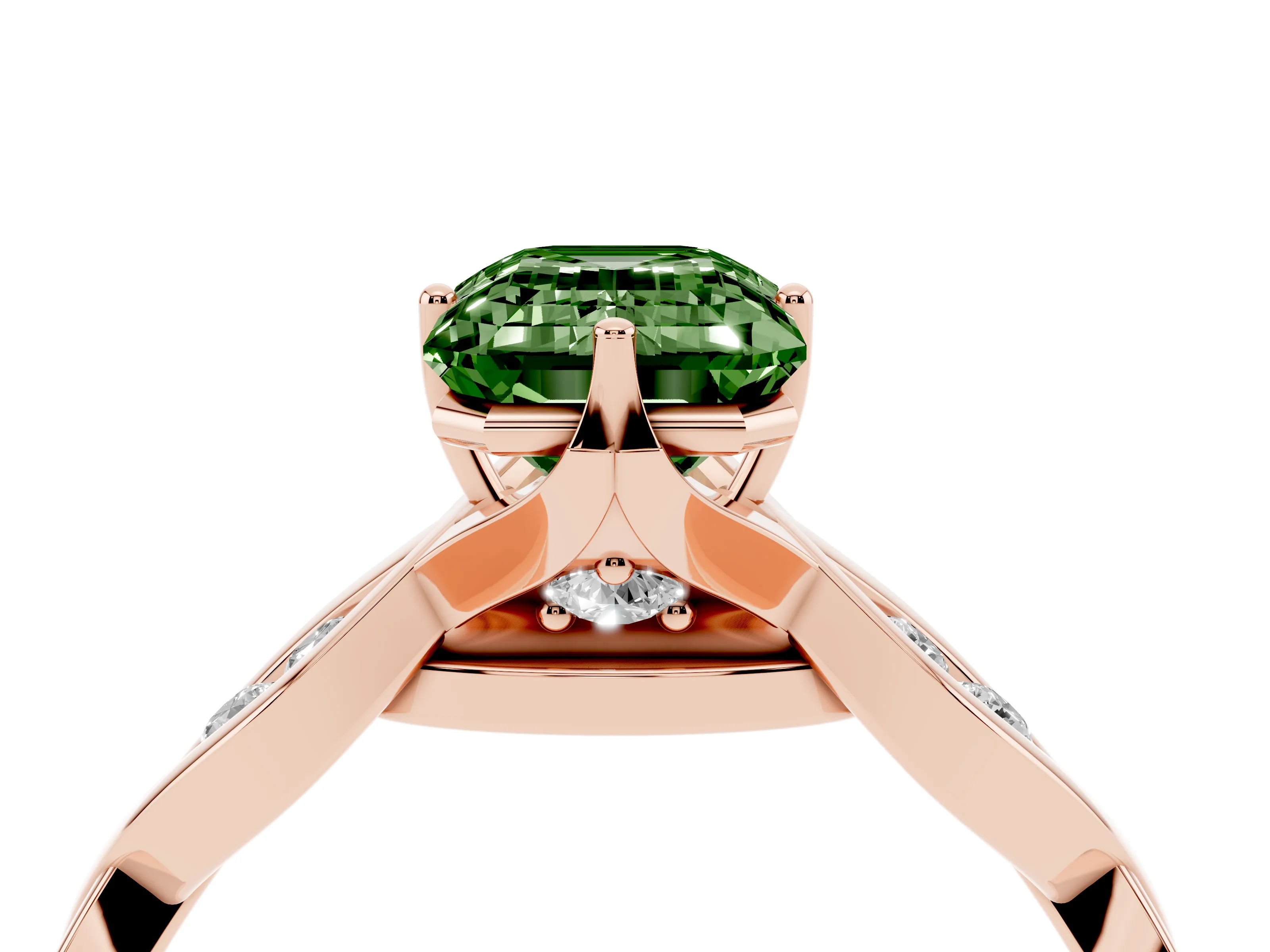 Fancy Green Emerald Cut Diamond Twist Band Solitaire Ring Set in Rose gold with Leaf Prong Setting and Accent Stones