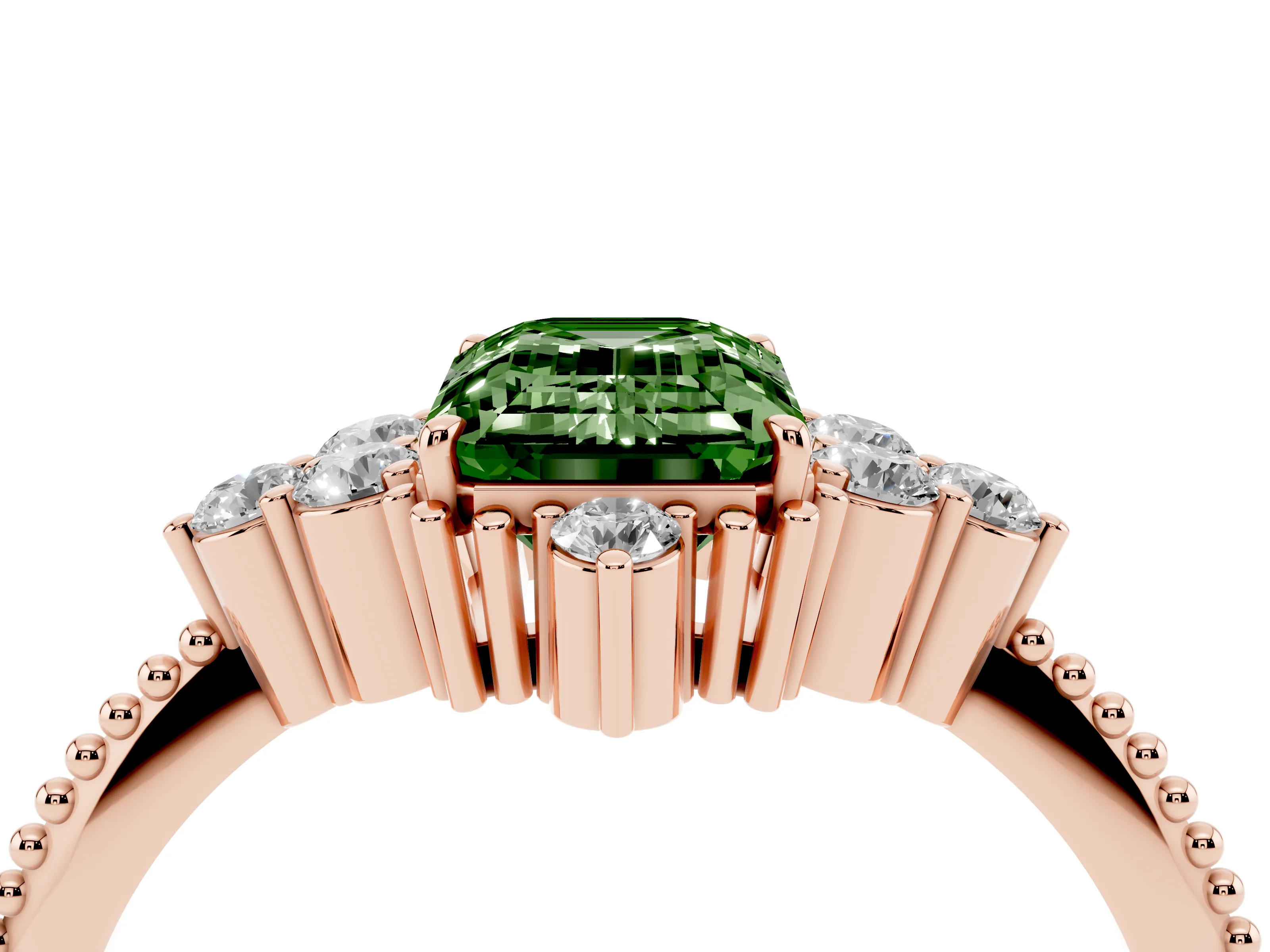 Fancy Green Emerald Cut Diamond Cluster Ring Set in Rose gold with Beaded Band