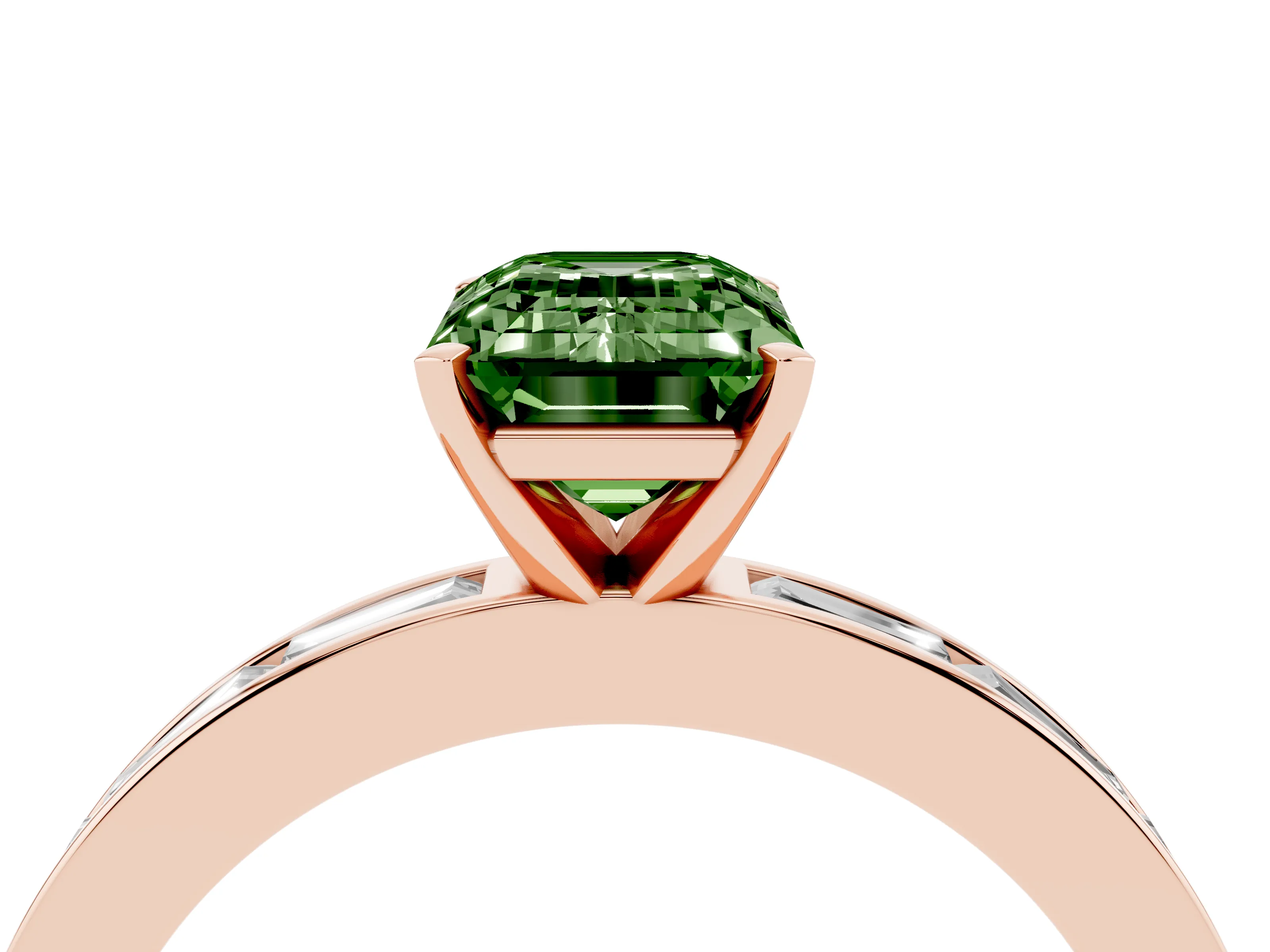 Fancy Green Emerald Cut Diamond Solitaire Ring Set in Rose gold with Channel-Set Baguette Band and Prong Setting