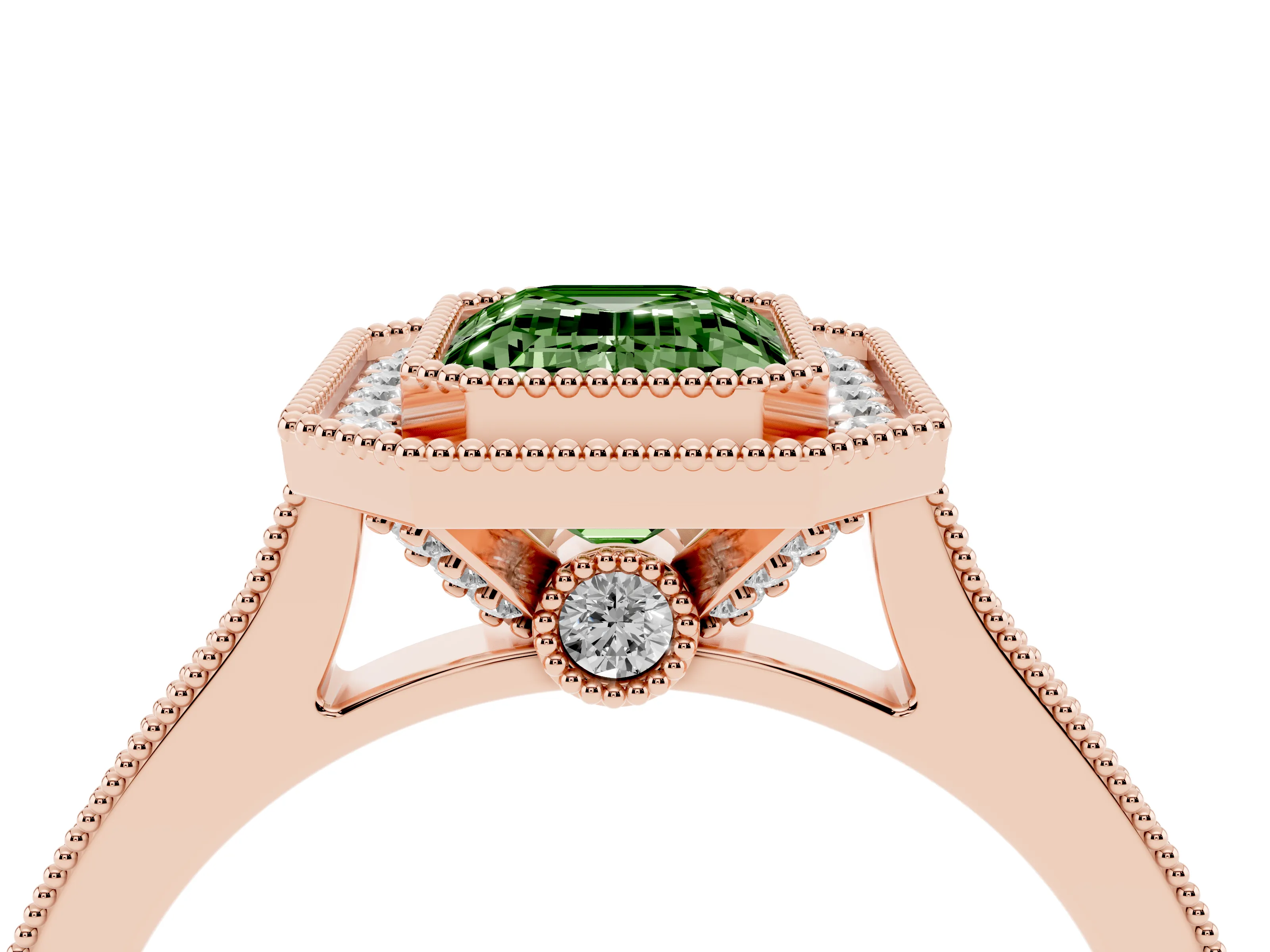 Fancy Green Emerald Cut Diamond Halo Milgrain Pavé Band Ring Set in Rose gold with Prong Setting