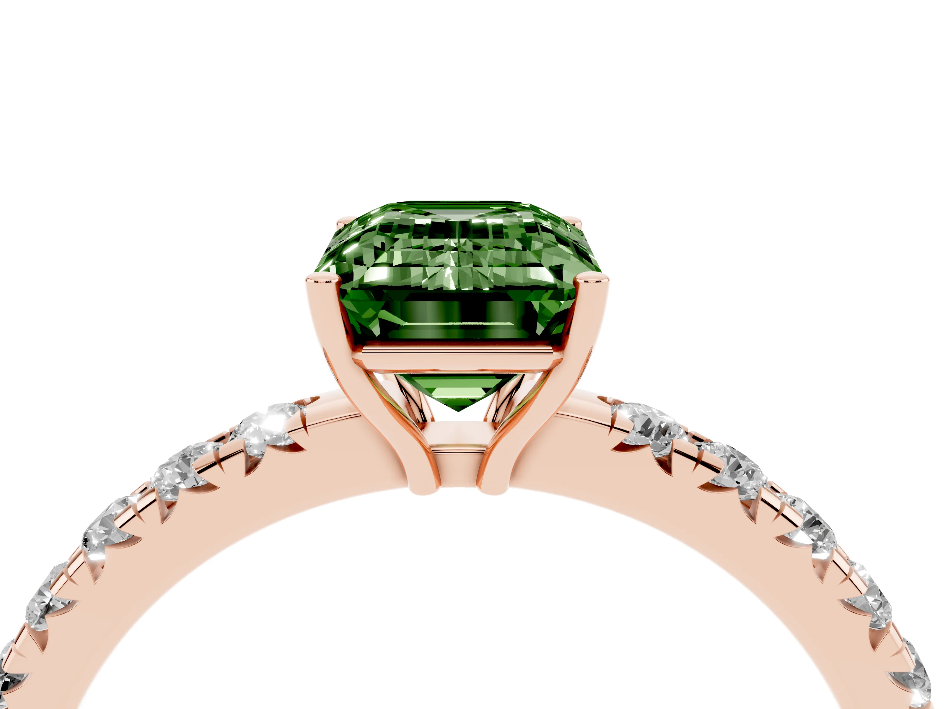 Fancy Green Emerald Cut Diamond Pavé Solitaire Engagement Ring Set in Rose gold with Prong Setting