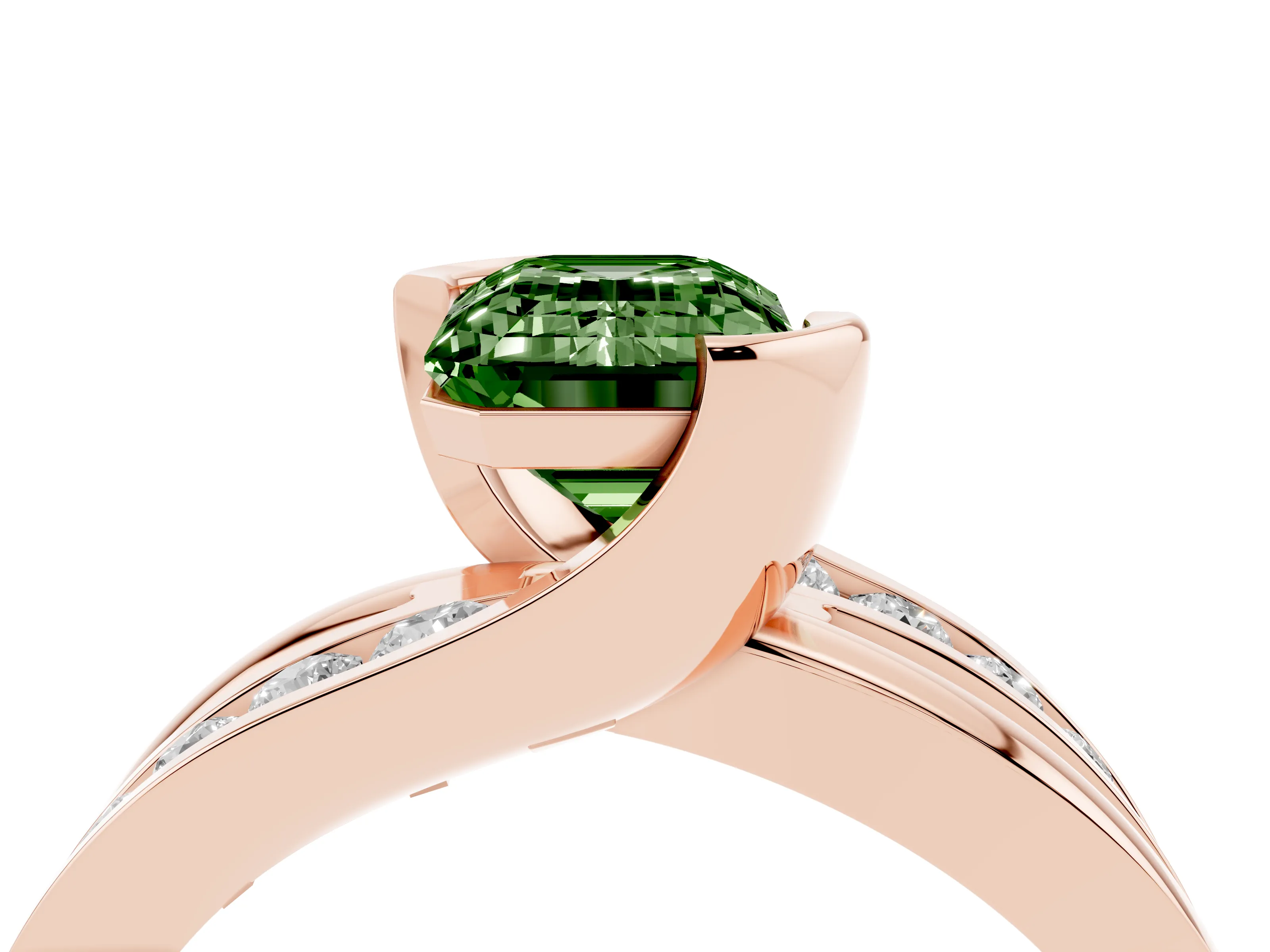 Fancy Green Emerald Cut Diamond Solitaire Ring Set in Rose gold with Channel Set Split Shank and Tension Prongs