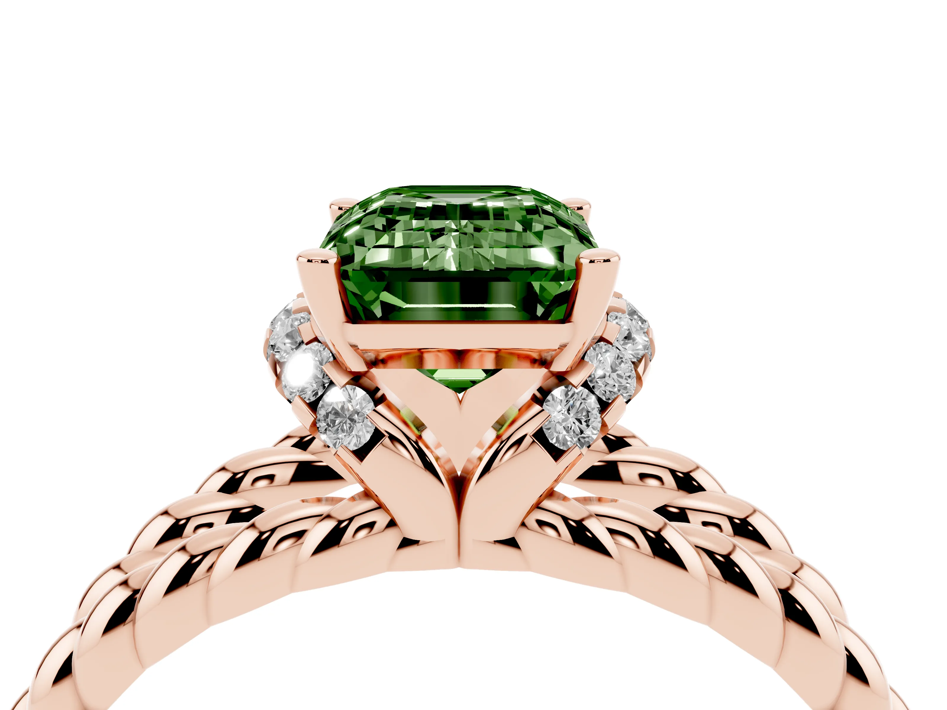 Fancy Green Emerald Cut Diamond Halo Ring Set in Rose gold with Twisted Band and Prong Setting