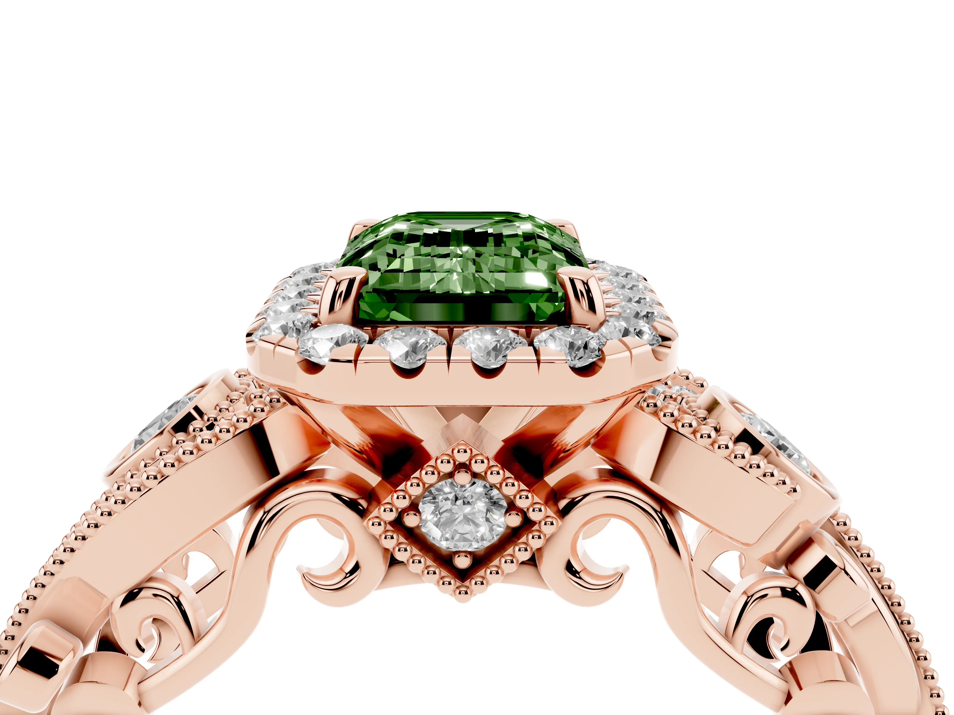 Fancy Green Emerald Cut Diamond Halo Ring Set in Rose gold with Milgrain Pavé Band and Prong Setting