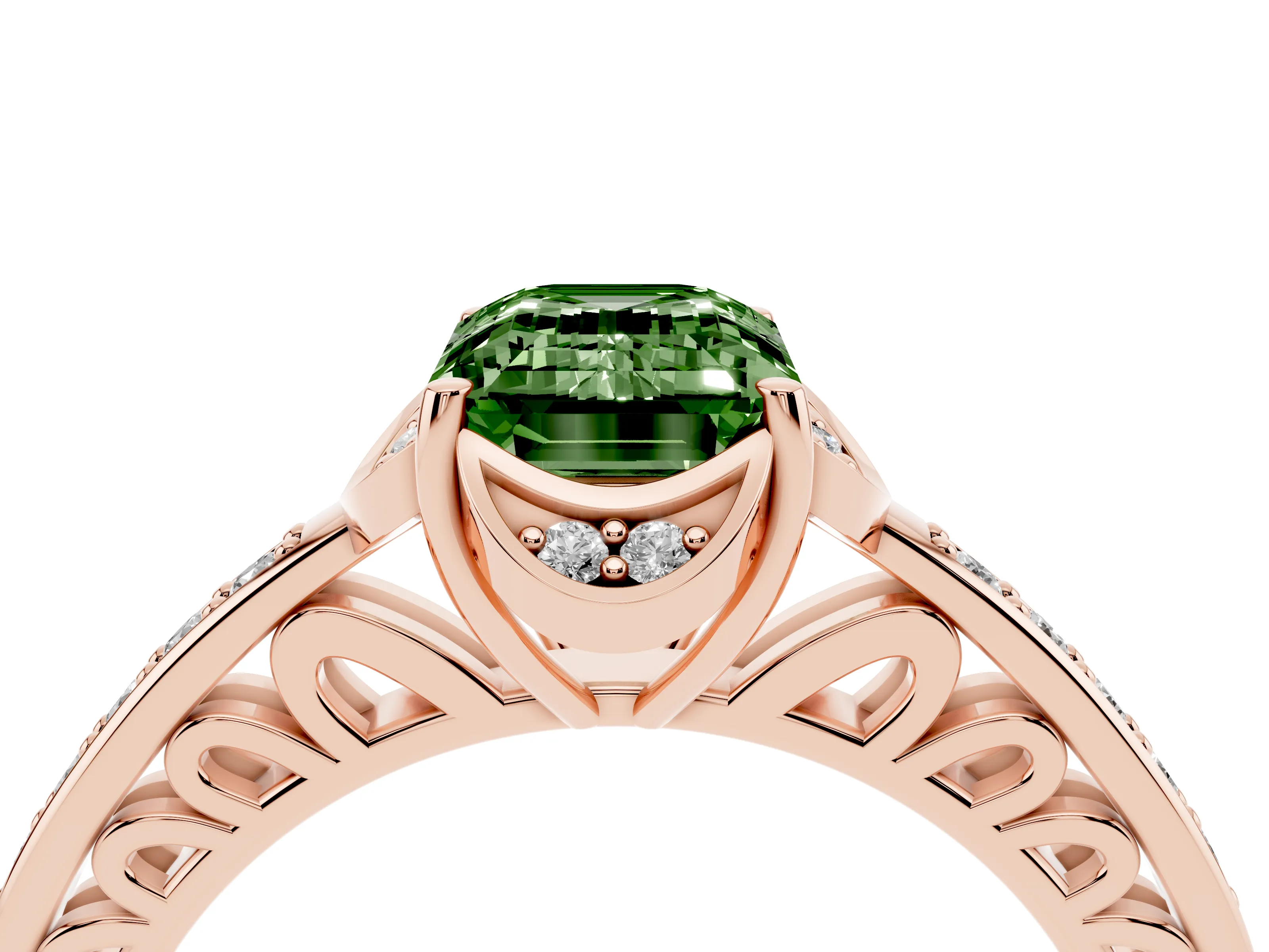 Fancy Green Emerald Cut Diamond Halo Ring Set in Rose gold with Channel Set Band and Prong Setting
