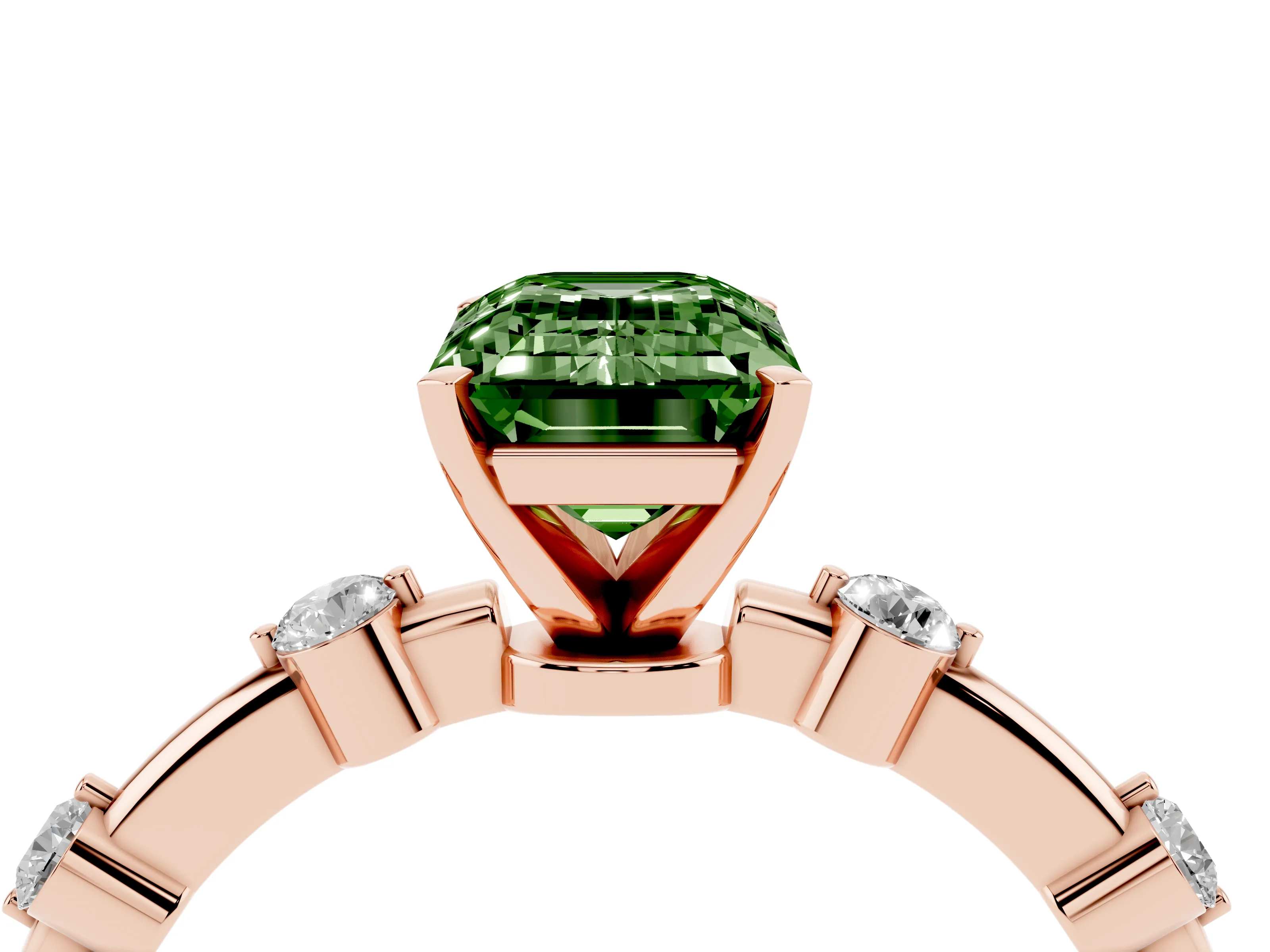 Fancy Green Emerald Cut Diamond Solitaire Ring Set in Rose gold with Bezel Set Side Stones and Prong Setting