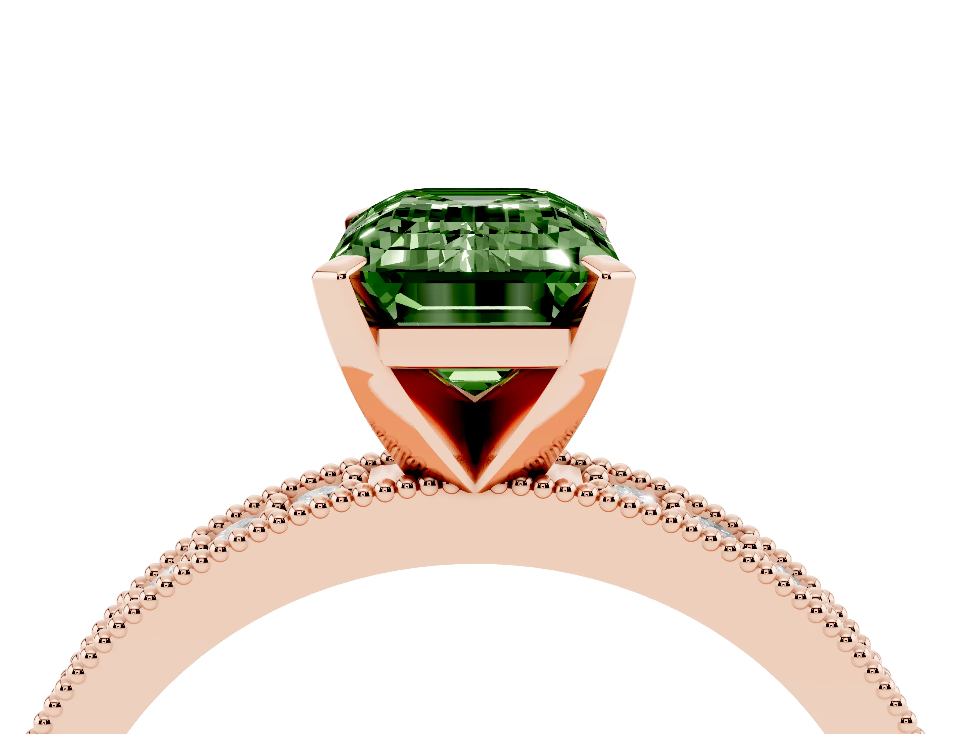 Fancy Green Emerald Cut Diamond Milgrain Pavé Engagement Ring Set in Rose gold with Prong Setting