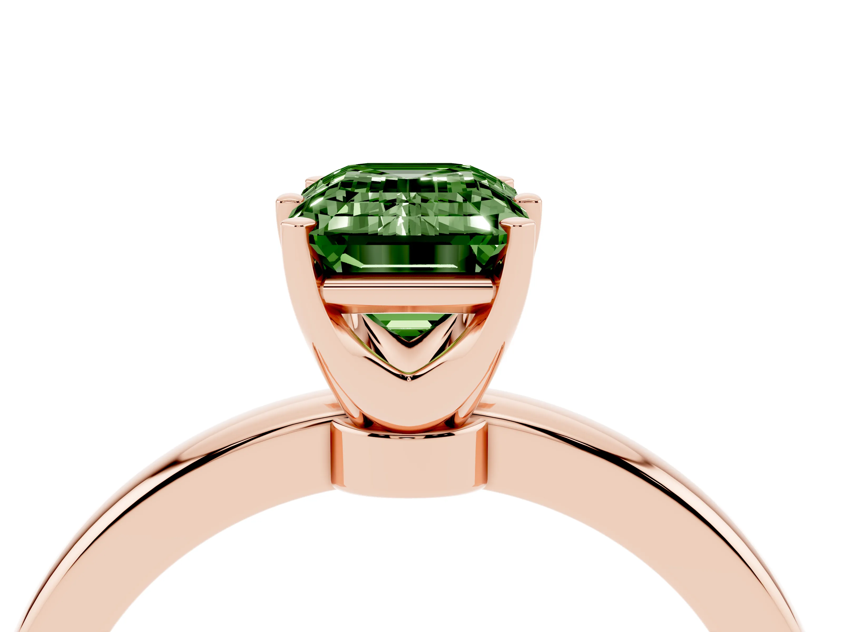 Fancy Green Emerald Cut Diamond Solitaire Ring Set in Rose gold with Raised Prong Setting on a Classic Band