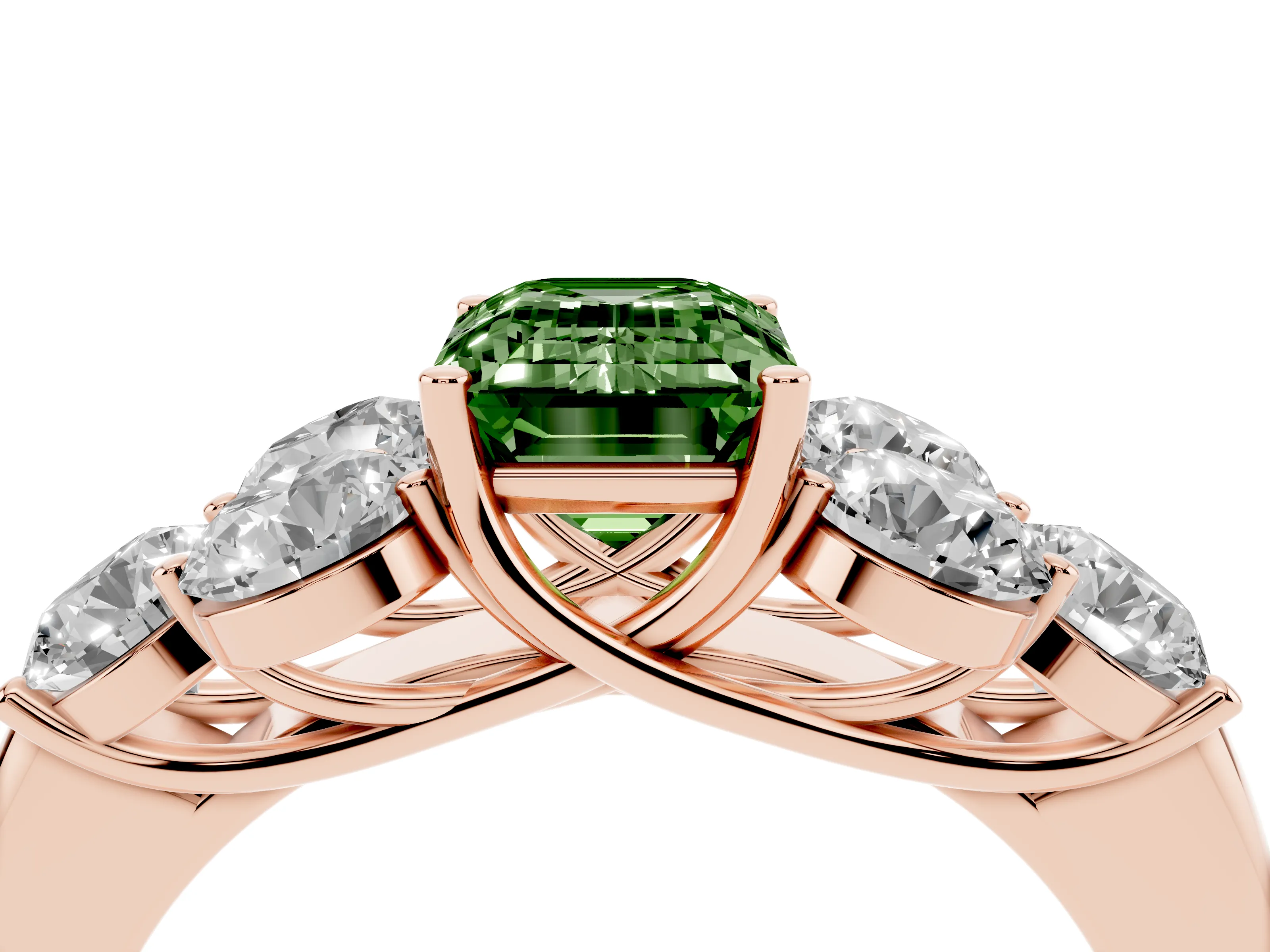 Fancy Green Emerald Cut Diamond Cluster Ring Set in Rose gold with Round Accent Stones and Prong Setting on a Plain Band