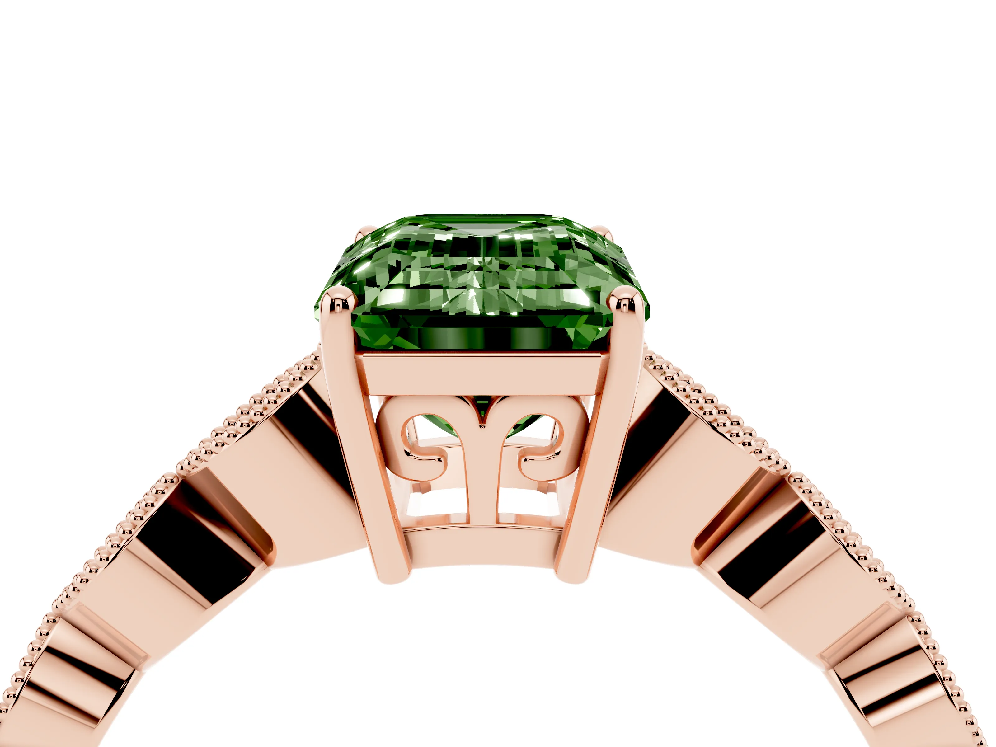 Fancy Green Emerald Cut Diamond Solitaire Ring Set in Rose gold with Infinity Twist Pavé Band