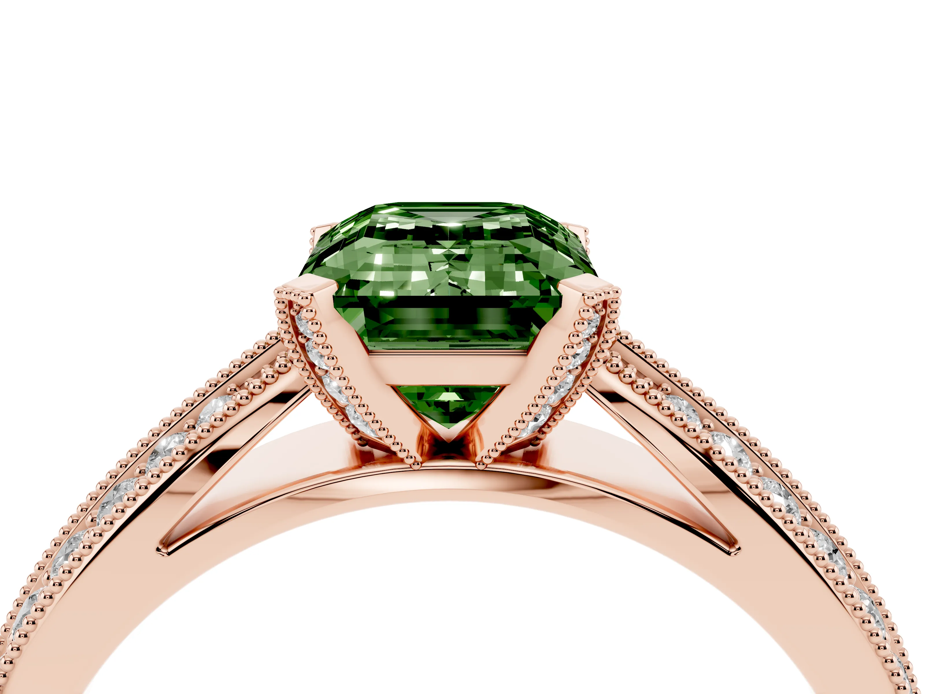 Fancy Green Emerald Cut Diamond Solitaire Ring Set in Rose gold with Milgrain Double Row Round Pavé Band