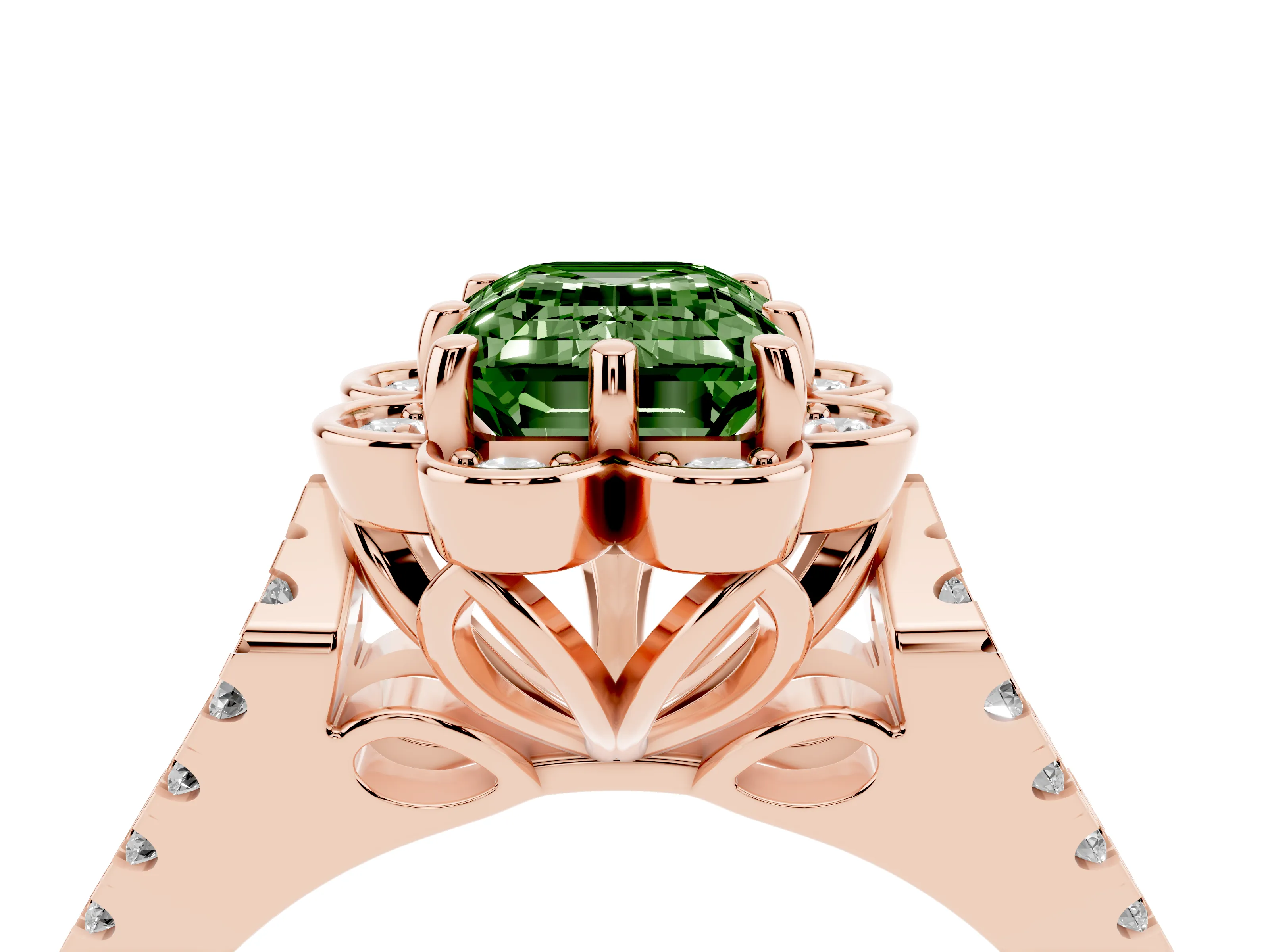 Fancy Green Emerald Cut Diamond Floral Halo Split Shank Engagement Ring Set in Rose gold with Pavé Shank