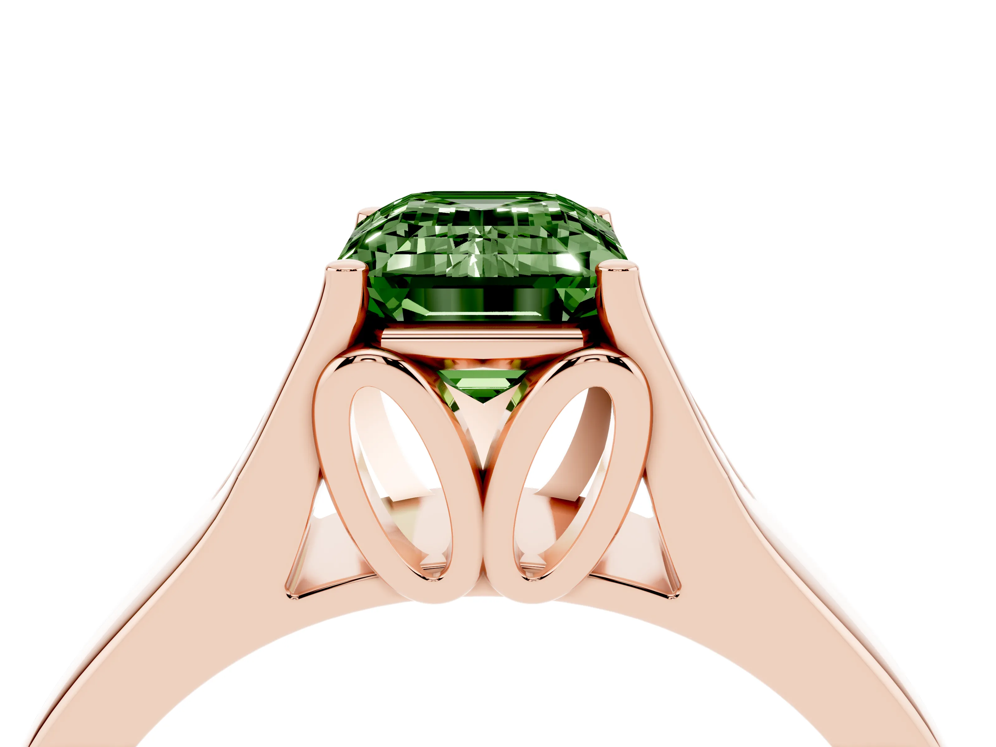 Fancy Green Emerald Cut Diamond Solitaire Ring Set in Rose gold with Arched Cathedral Band and Prong Setting