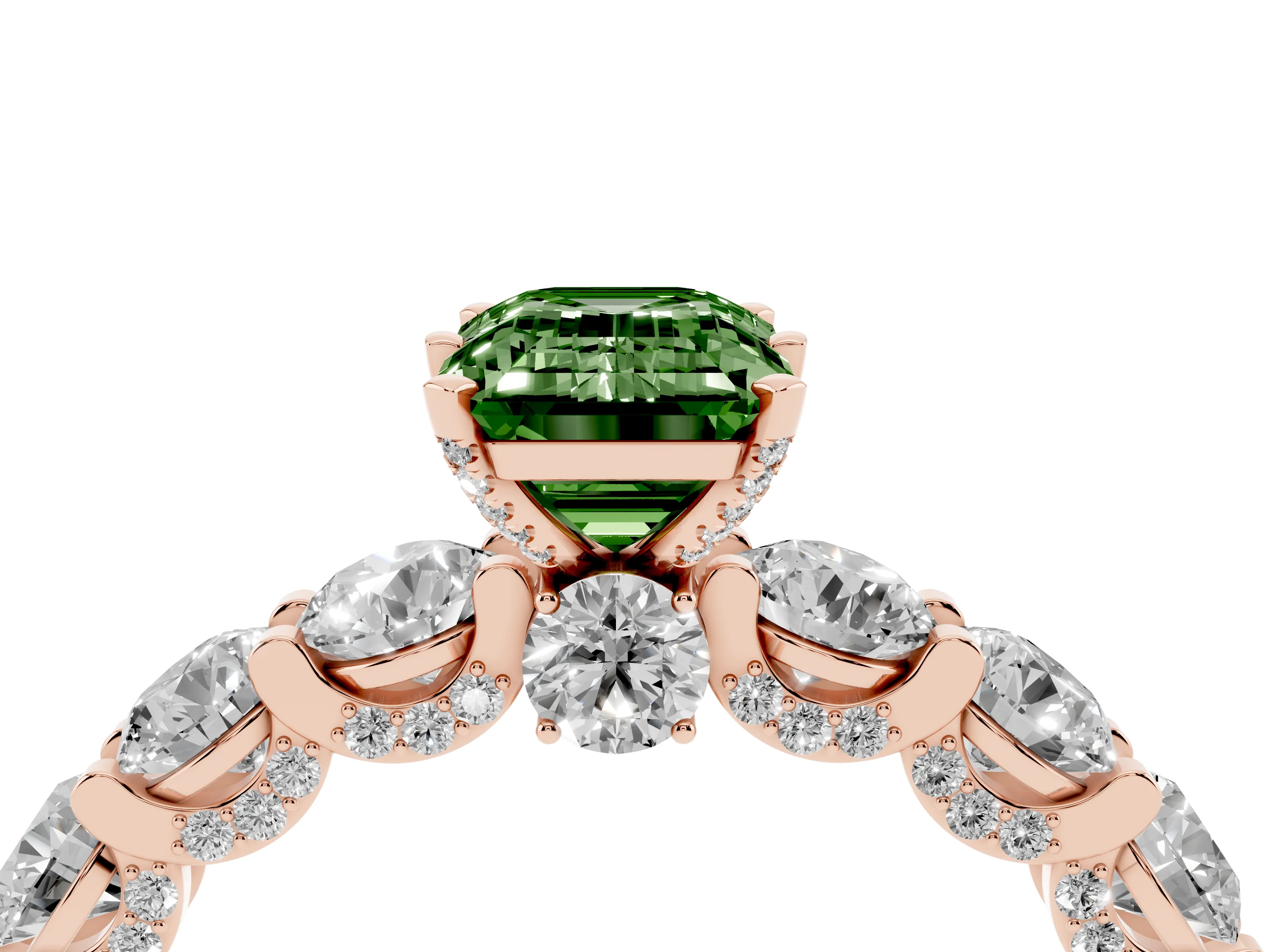 Fancy Green Emerald Cut Diamond Side Stone Ring Set in Rose gold with Alternating Round and Oval Side Stones