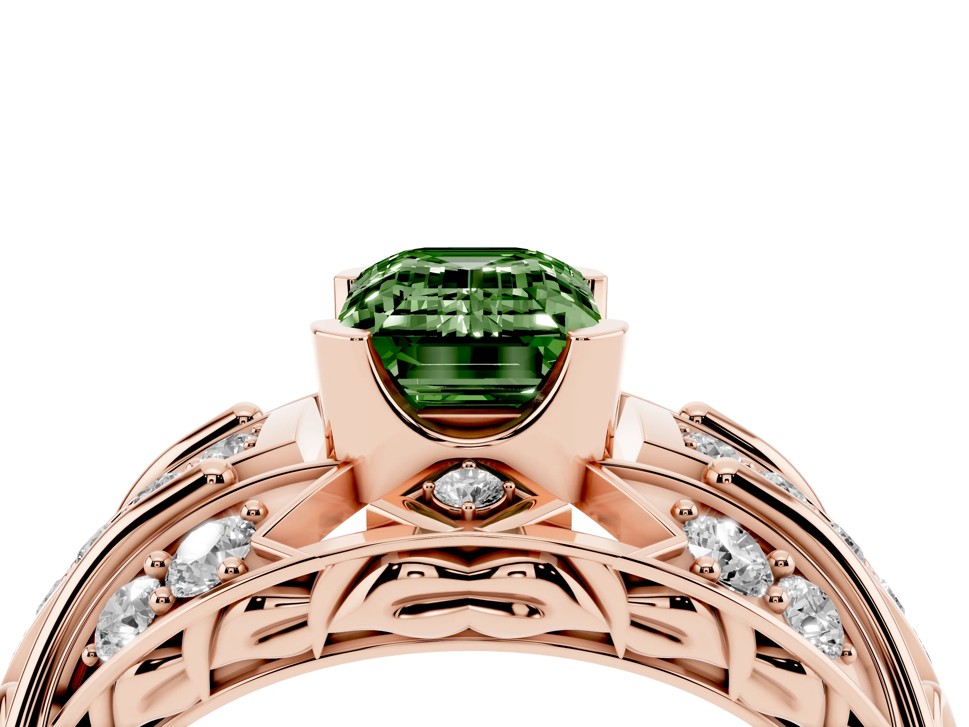 Fancy Green Emerald Cut Diamond Art Deco Ring Set in Rose gold with Pavé Split Shank