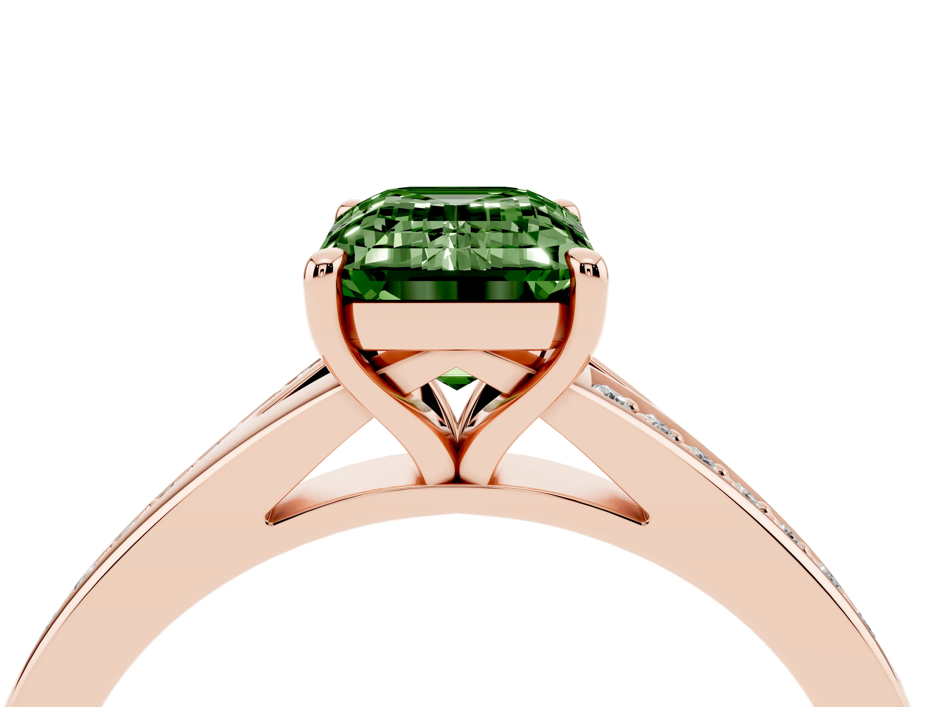 Fancy Green Emerald Cut Diamond Solitaire Ring Set in Rose gold with Pavé Accent Band and Classic Prong Setting