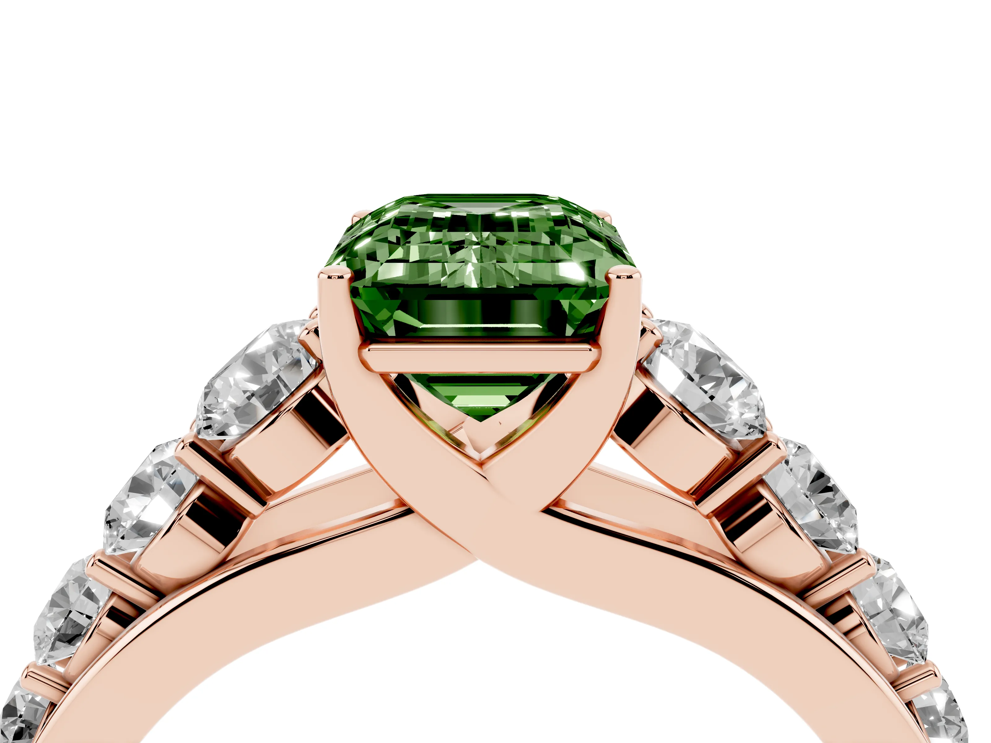 Fancy Green Emerald Cut Diamond Solitaire Ring Set in Rose gold with Pavé-Set Band and Prong Setting