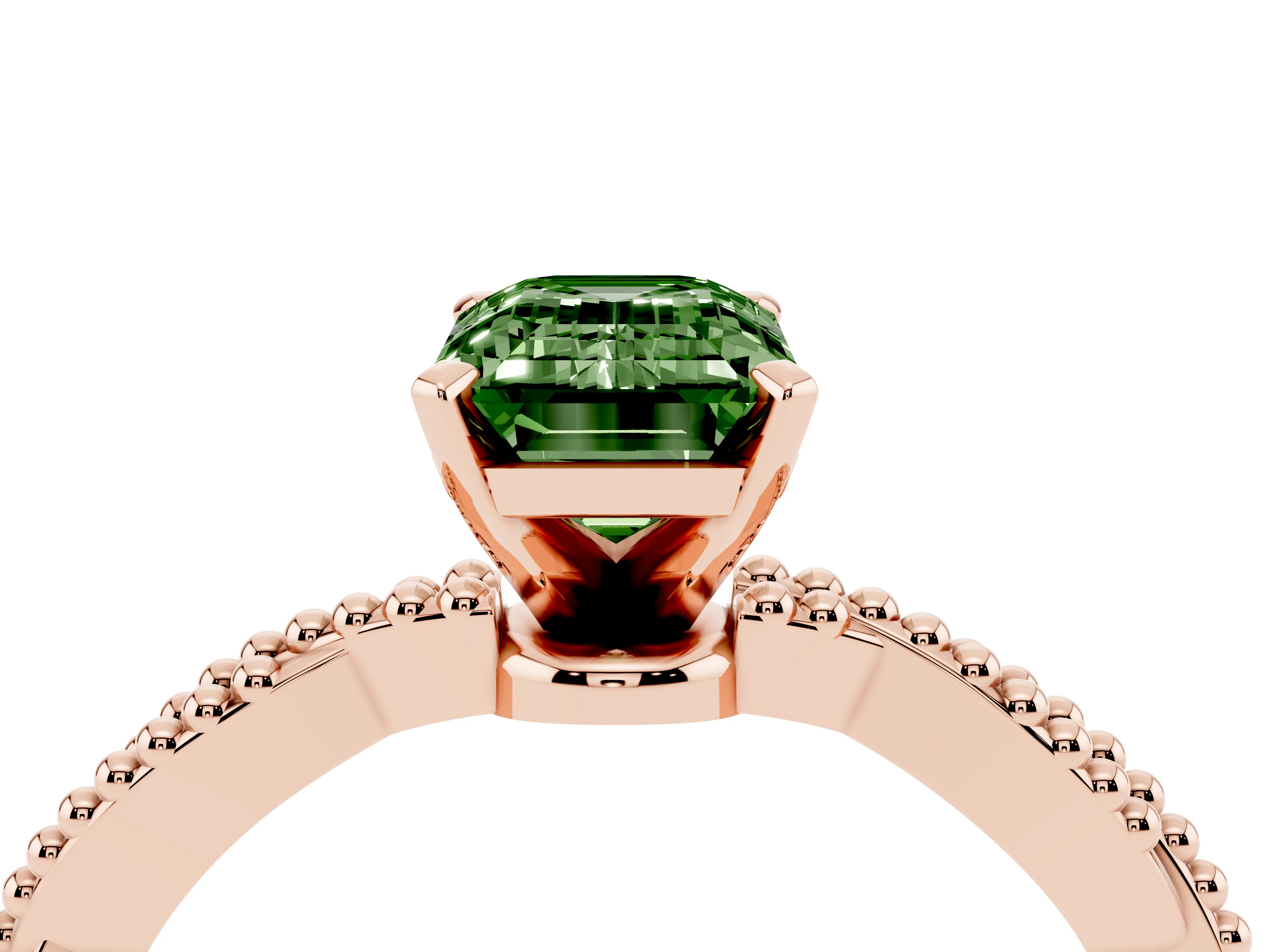 Fancy Green Emerald Cut Diamond Solitaire Ring Set in Rose gold with Twisted Band and Bead Prong Setting