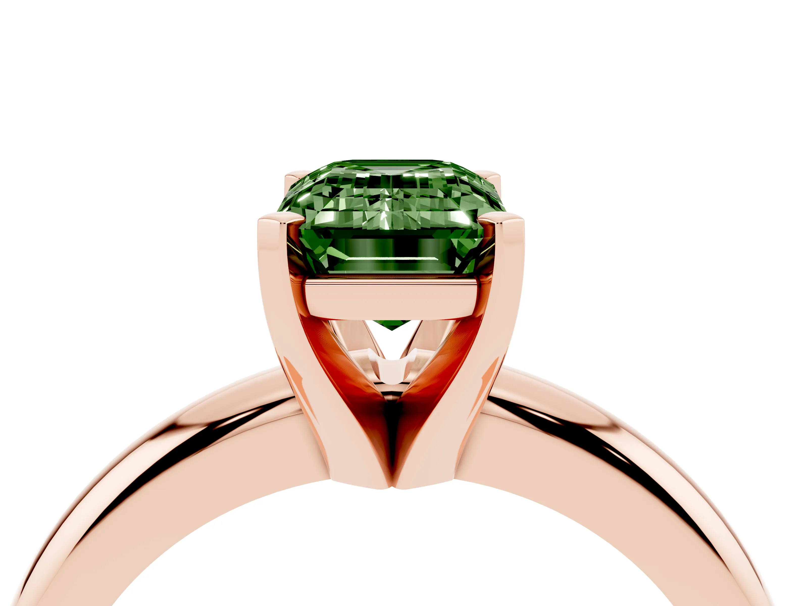 Fancy Green Emerald Cut Diamond Solitaire Engagement Ring Set in Rose gold with Round Band and Prong Setting